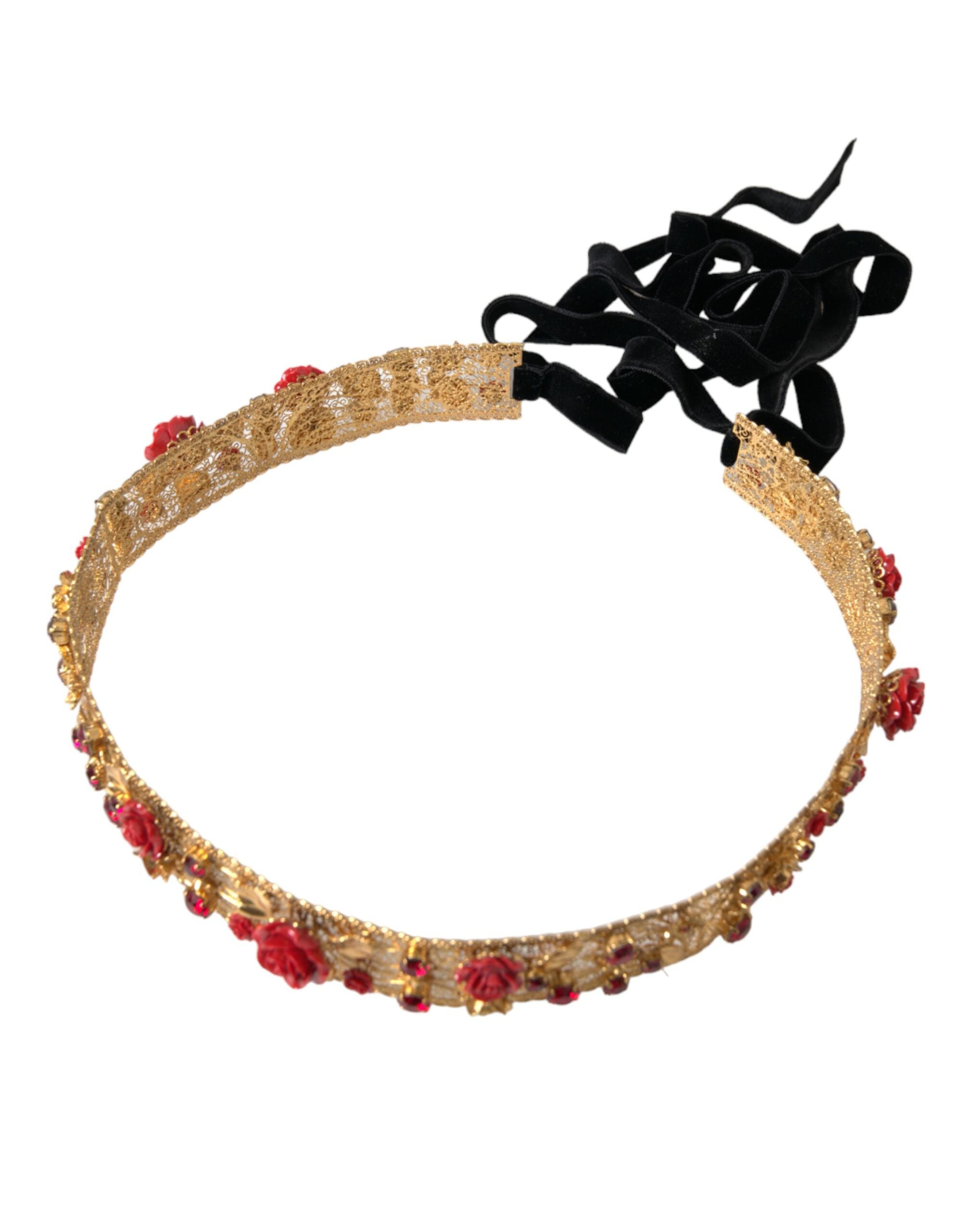 Dolce & Gabbana Gold Brass Red Roses Crystal Jewel Waist Belt - DEA STILOSA MILANO