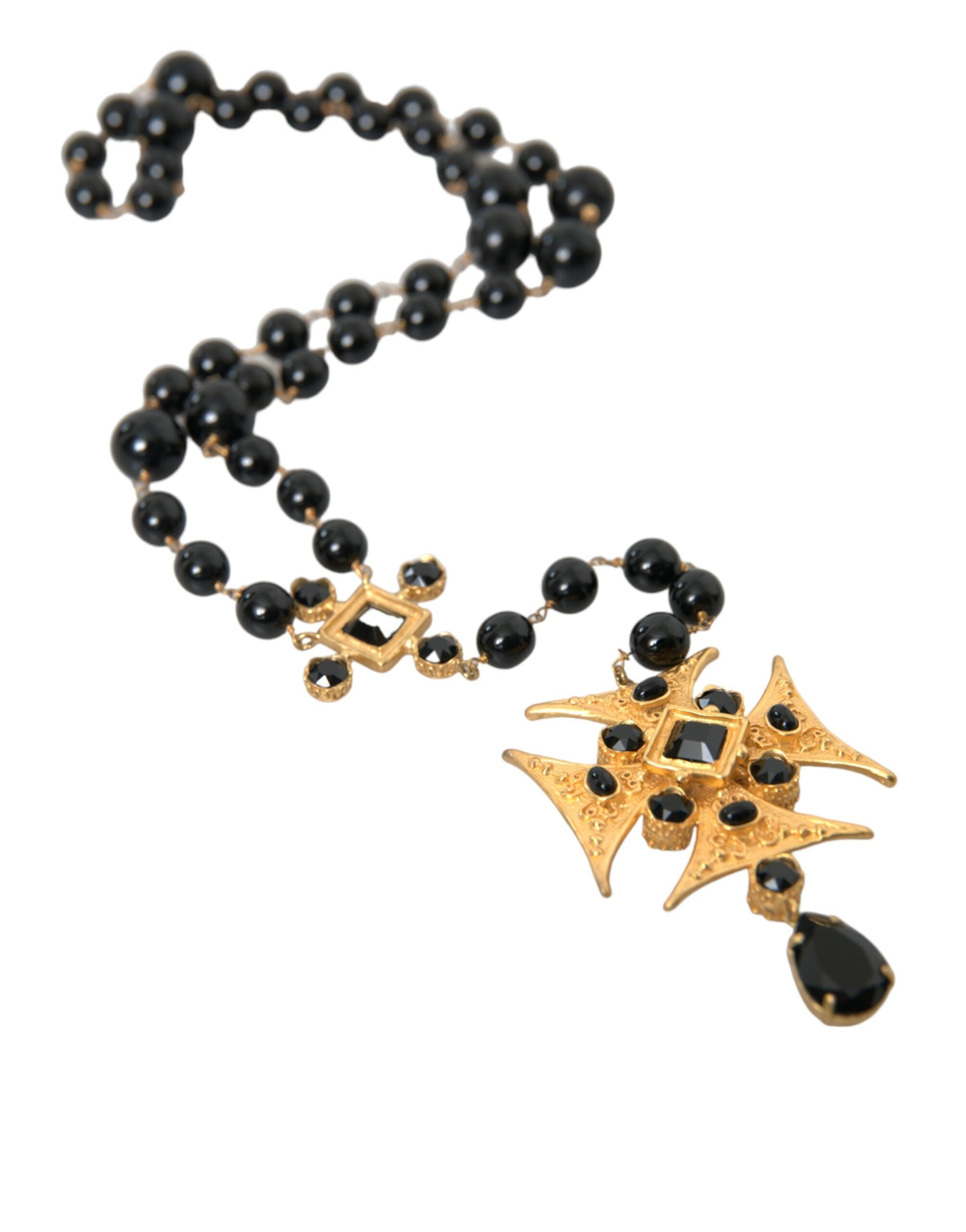 Dolce & Gabbana Gold Tone Brass Cross Black Beaded Chain Rosary Necklace - DEA STILOSA MILANO
