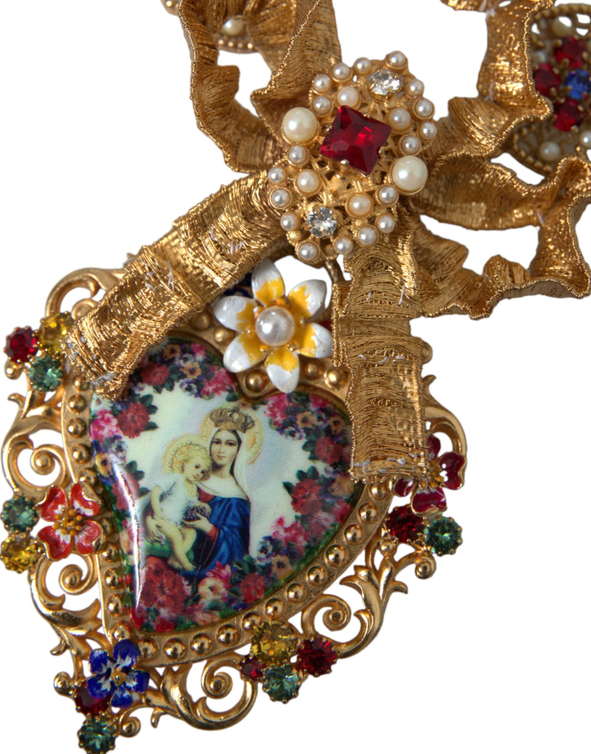 Dolce & Gabbana Gold Brass Mama Mary Crystal Pearl Embellished Necklace - DEA STILOSA MILANO