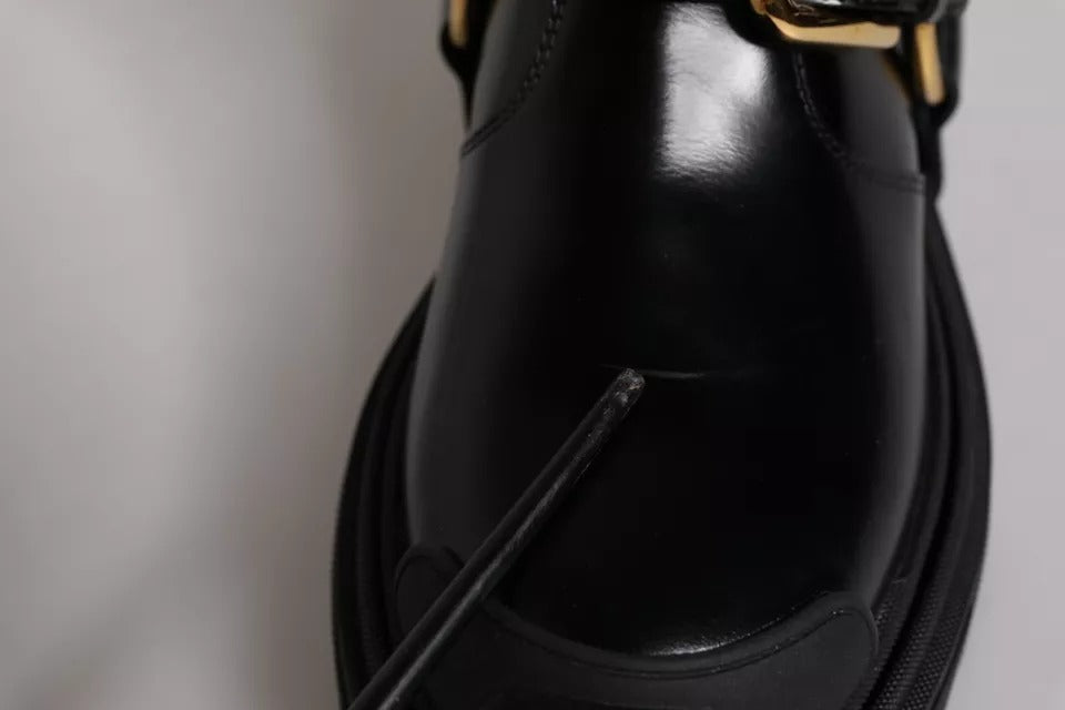 Step into unparalleled elegance with Dolce & Gabbana's Black Leather Slip On Stretch Trekking Boots, handcrafted in Italy from luxurious materials, embodying sophistication and adventure.