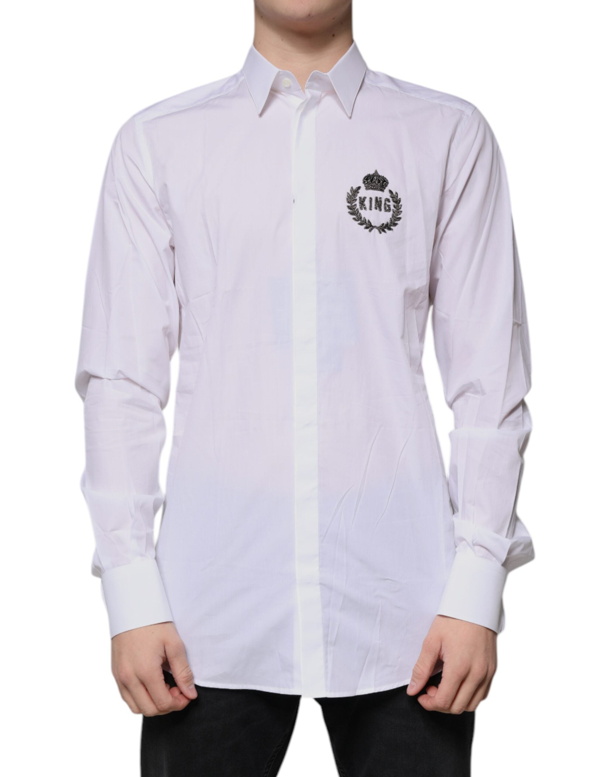 Elevate your wardrobe with the Dolce & Gabbana White Cotton Logo Dress Shirt, a masterpiece of Italian craftsmanship, blending luxury and timeless elegance for the discerning individual.