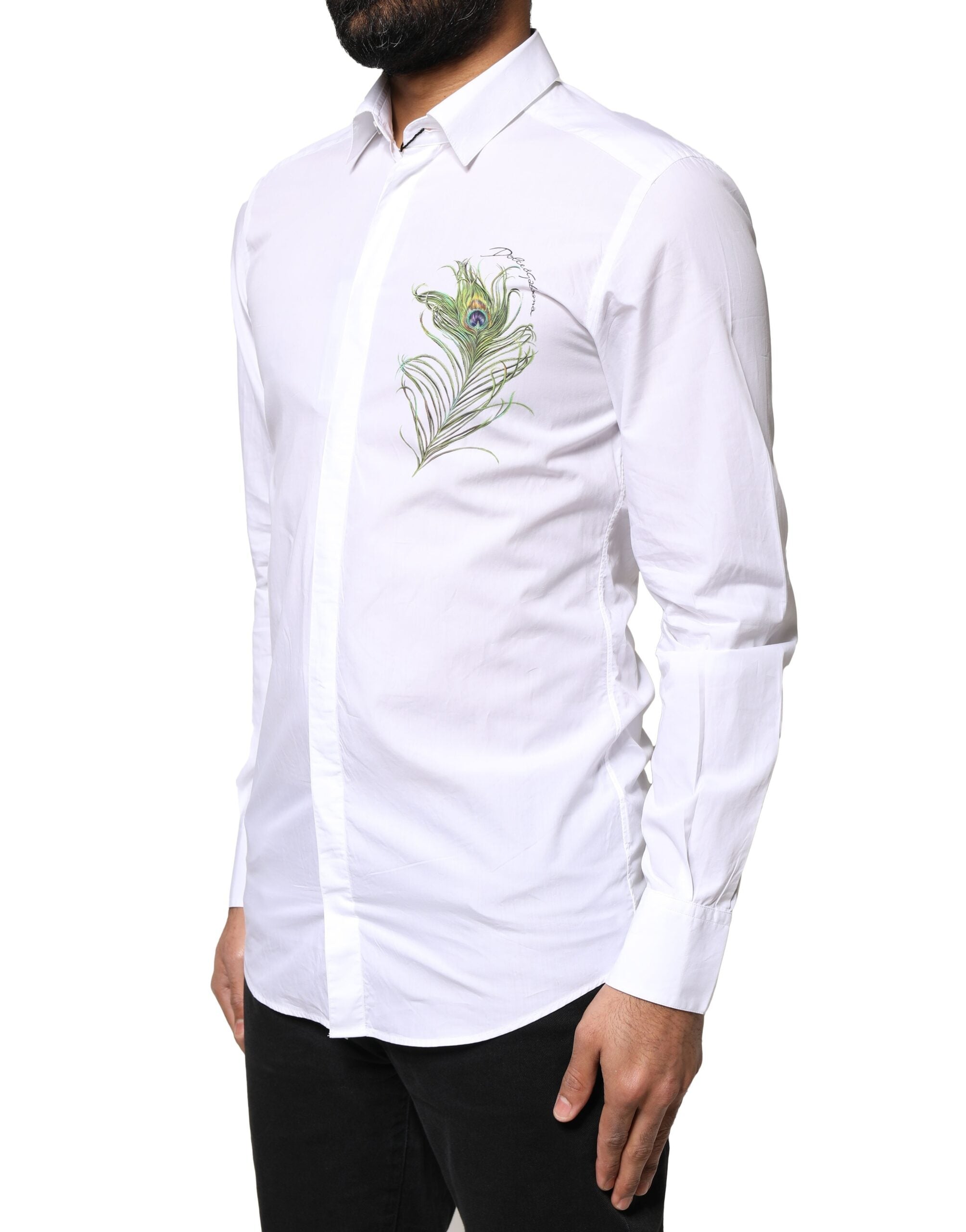 Dolce & Gabbana White Cotton Peacock Feather GOLD Formal Shirt