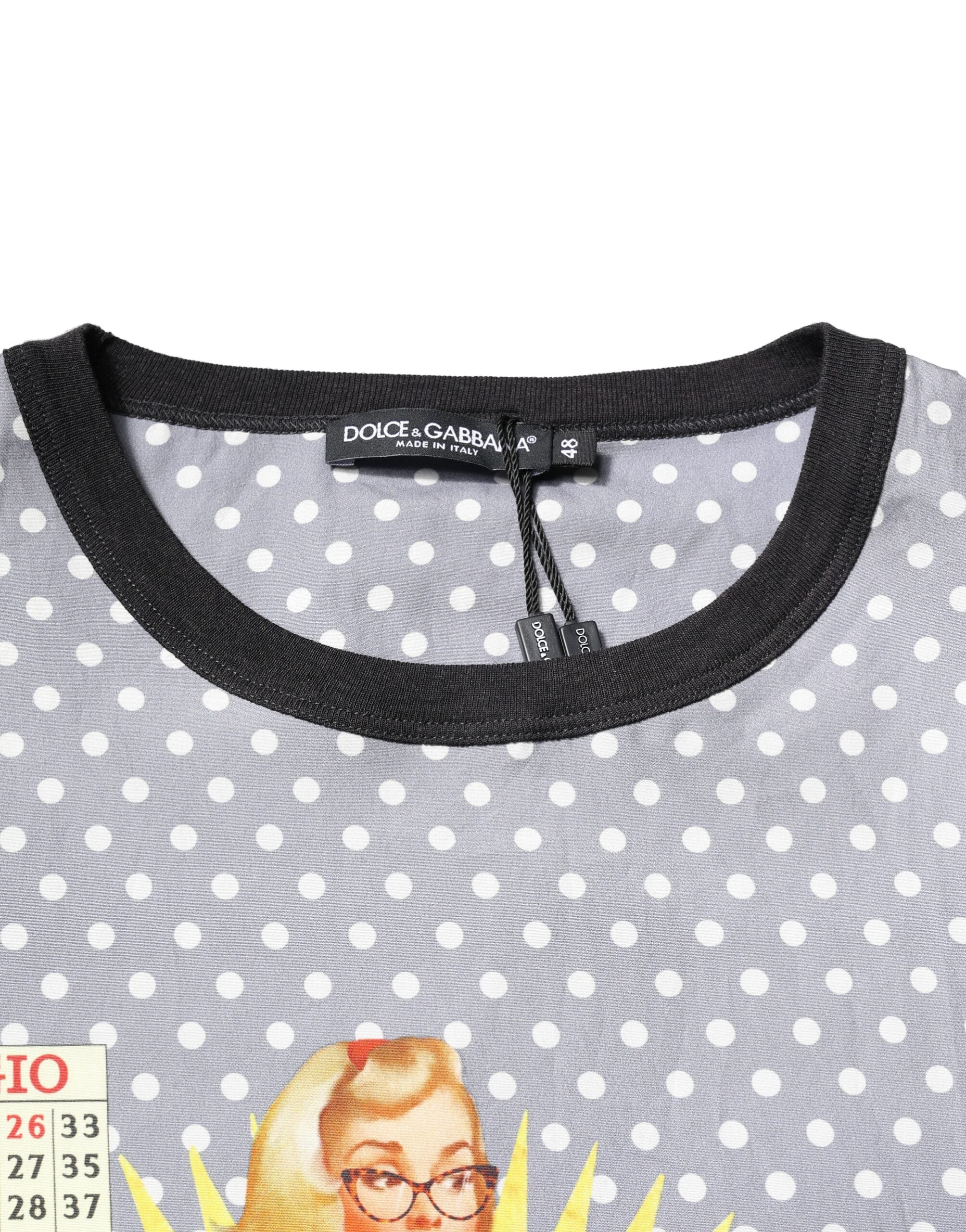 Dolce & Gabbana Gray Polka Dot Pin-Up Print Crew Neck T-shirt