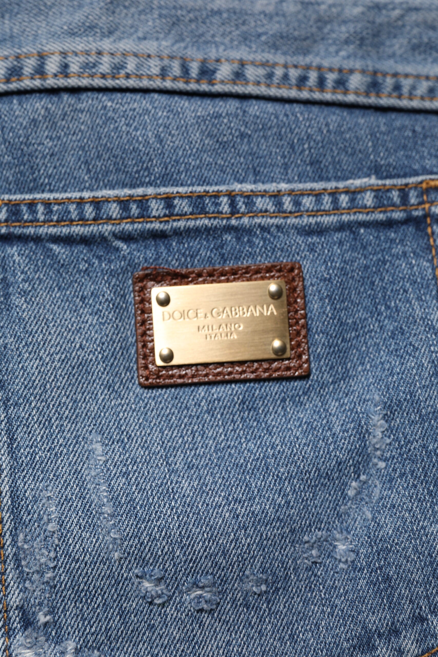 Dolce & Gabbana Blue Tattered Cotton Straight Denim Jeans