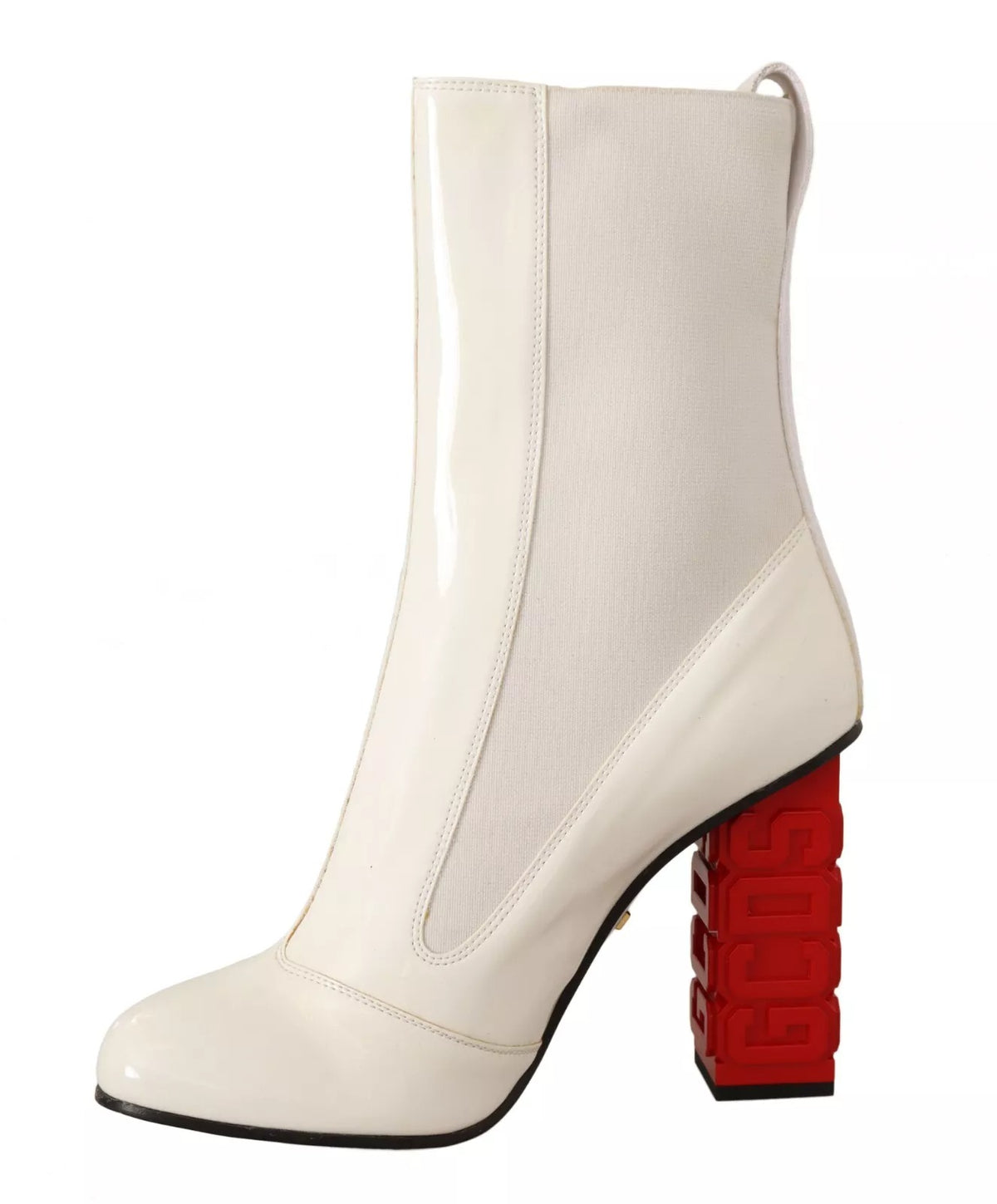 Indulge in the exquisite GCDS White Leather Fabric Red Logo Heel Ankle Boots, where luxurious craftsmanship meets bold elegance, perfect for the discerning individual.