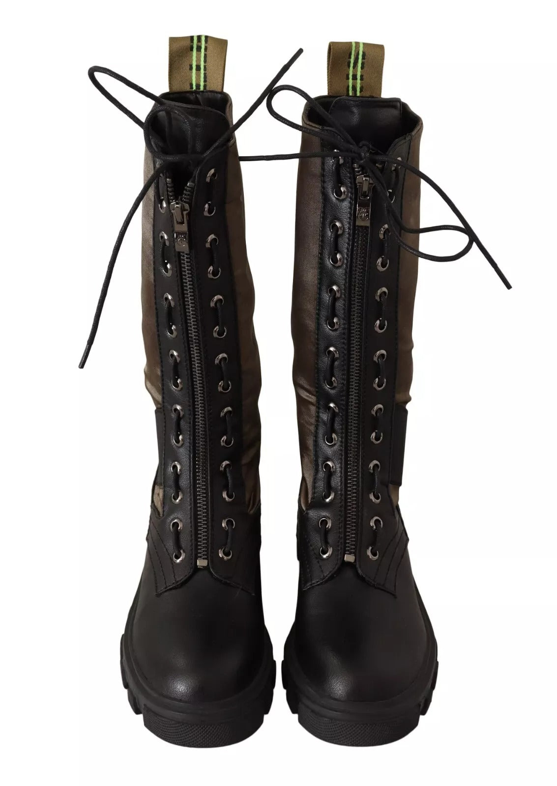 Elevate your style with Gaelle Black Green High Combat Boots, where artisanal craftsmanship meets luxurious leather and canvas for a bold statement in every step.