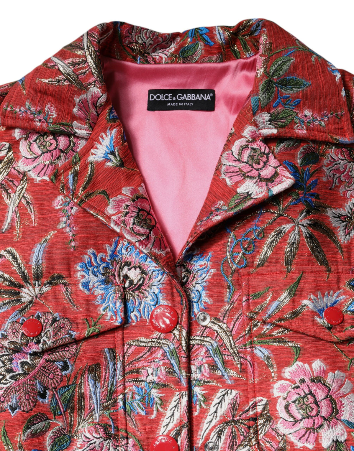 Indulge in the exquisite Dolce & Gabbana Red Floral Jacquard Coat Jacket, a masterpiece of Italian craftsmanship that embodies luxurious sophistication and timeless elegance.
