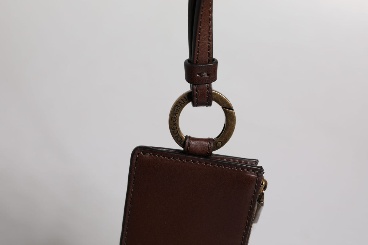 Dolce & Gabbana Brown Calf Leather Lanyard Card Holder Wallet