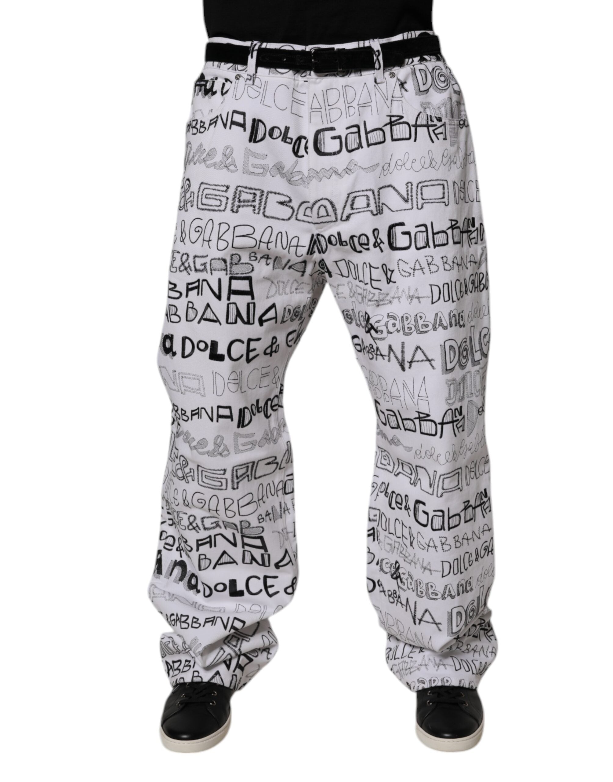 Dolce & Gabbana White Logo Print Denim Jeans - Exquisite Luxury