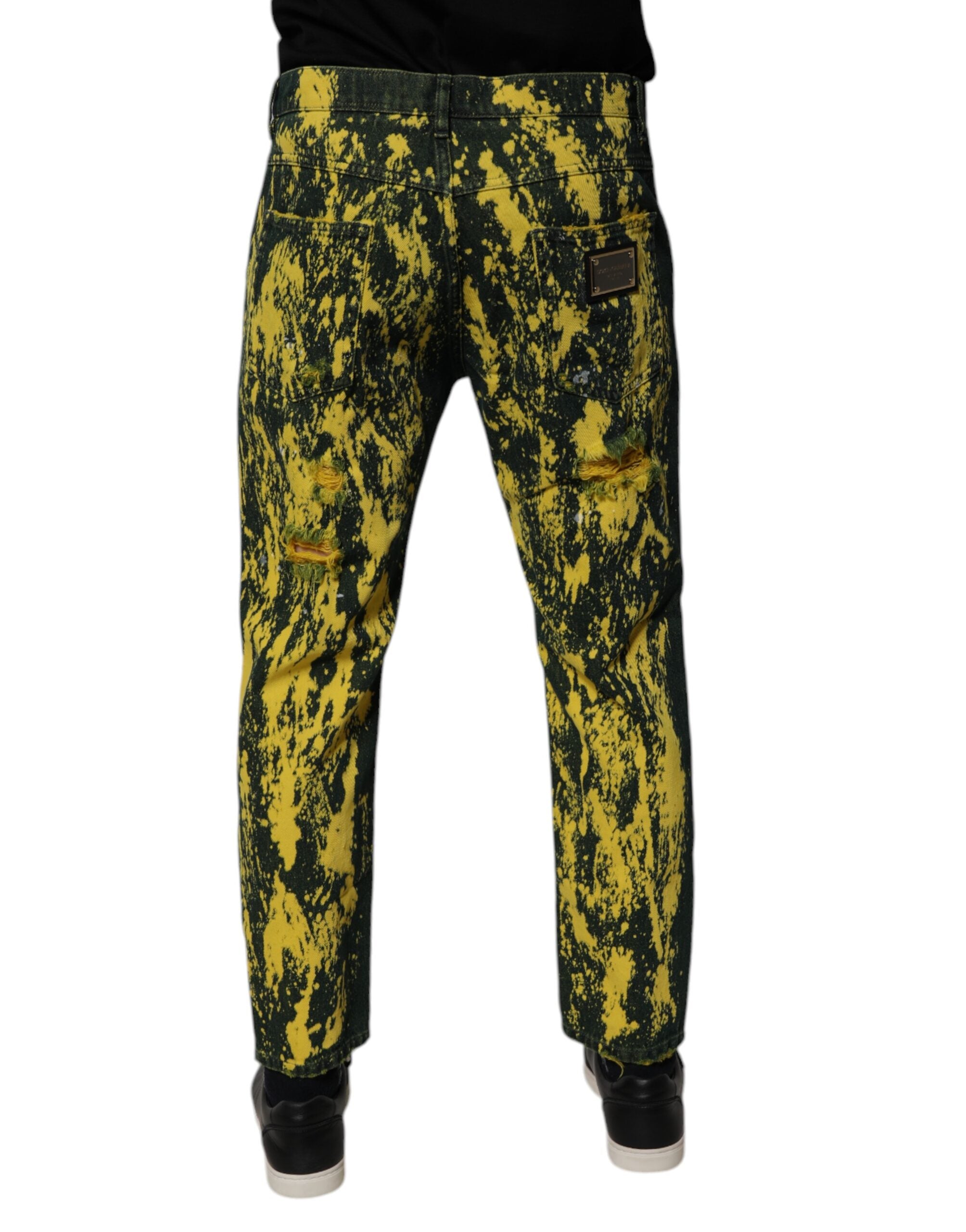 Dolce & Gabbana Black Yellow Tie Dye Tattered Skinny Men Denim Jeans
