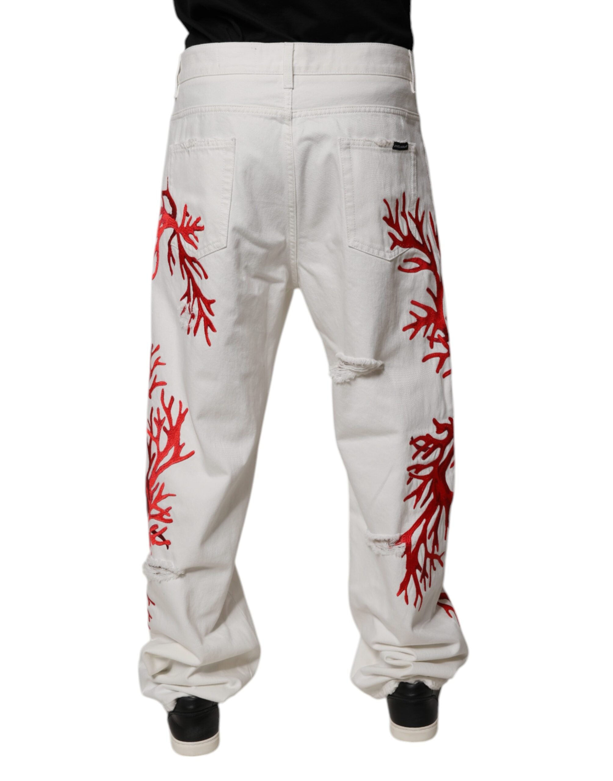 Dolce & Gabbana White Corals Tattered Straight Denim Jeans