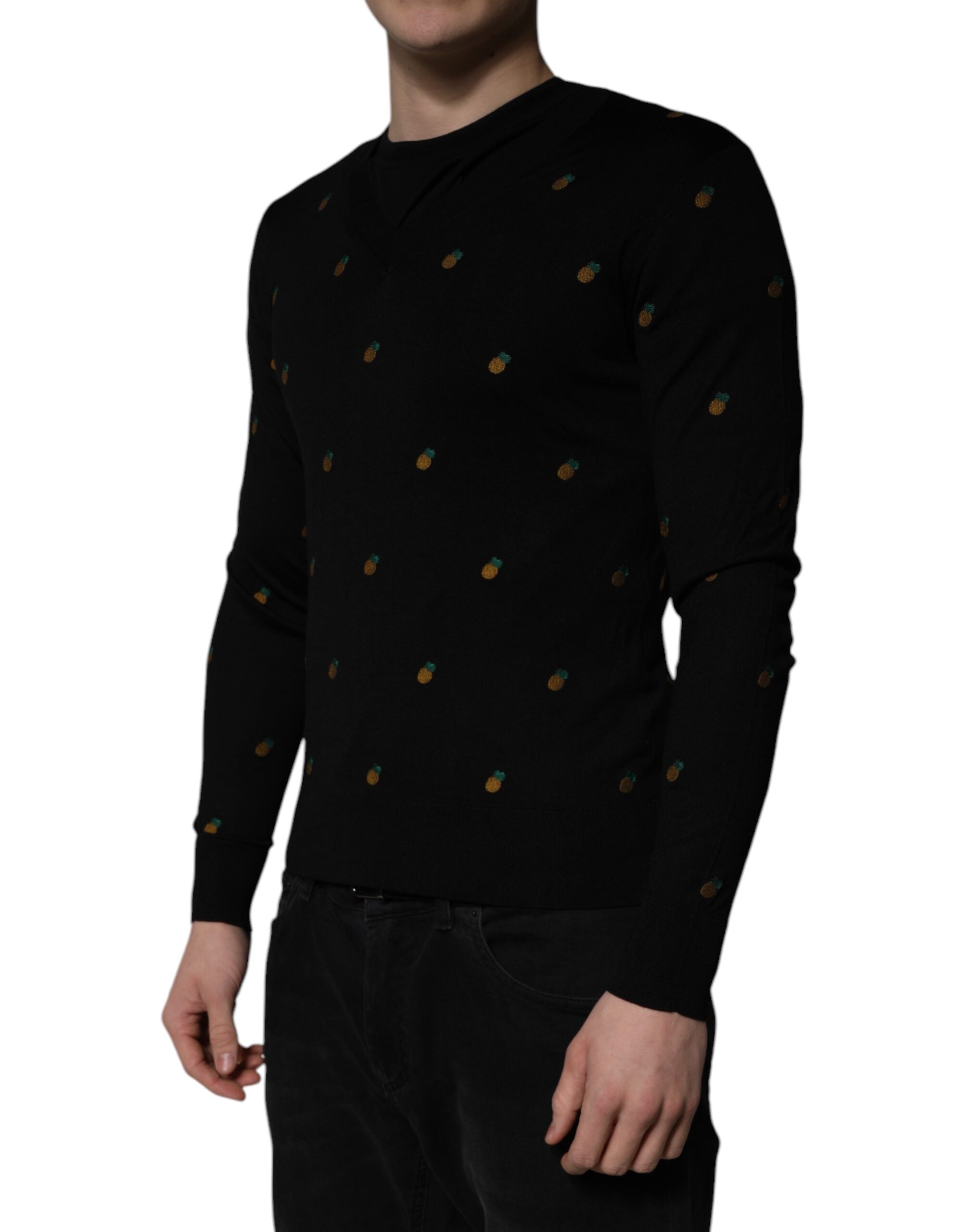 Dolce & Gabbana Black Pineapple Crew Neck Pullover Sweater