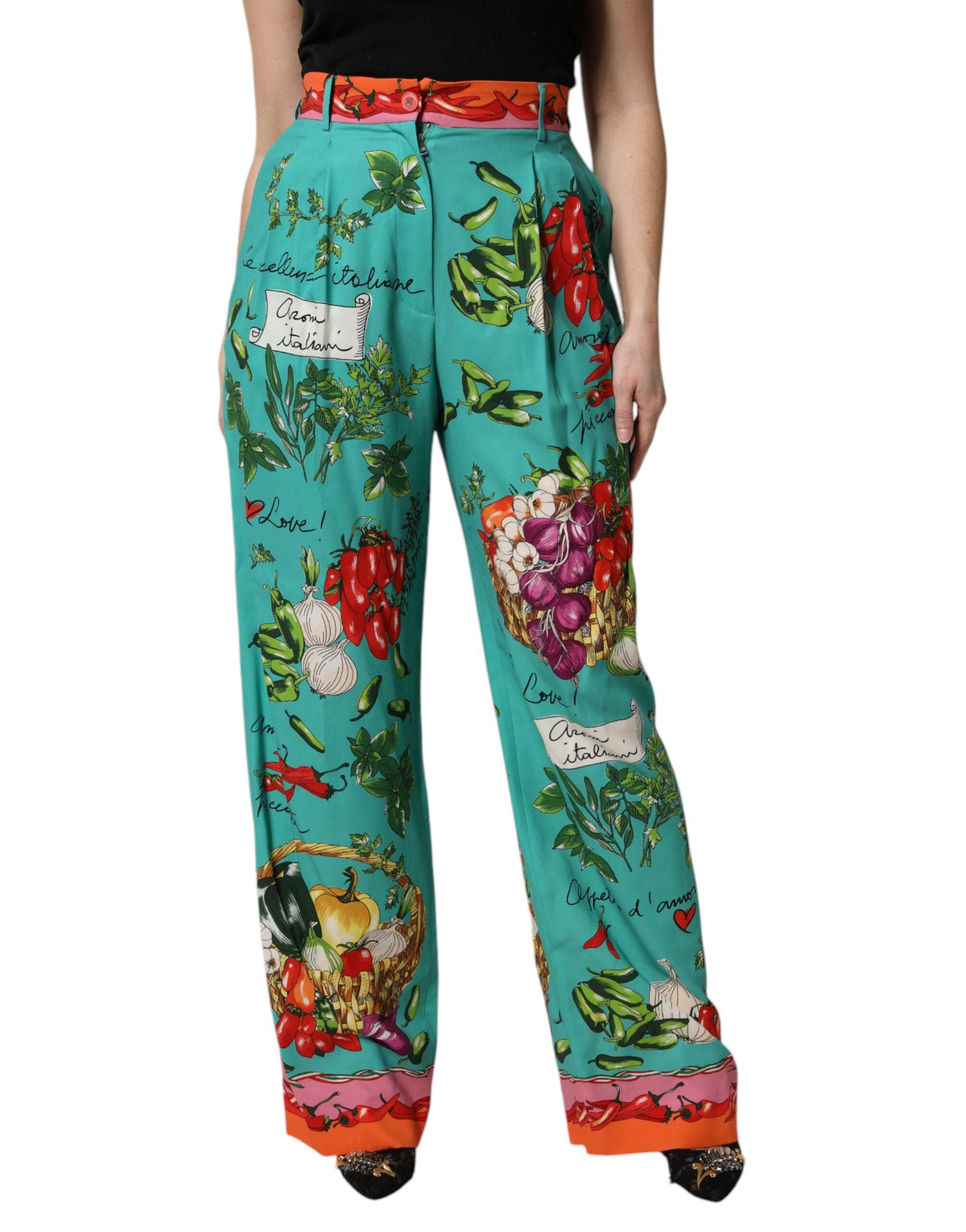 Indulge in the elegance of Dolce & Gabbana's Green Silk Printed Straight Pants, where Italian craftsmanship meets luxurious silk for a statement of refined allure.