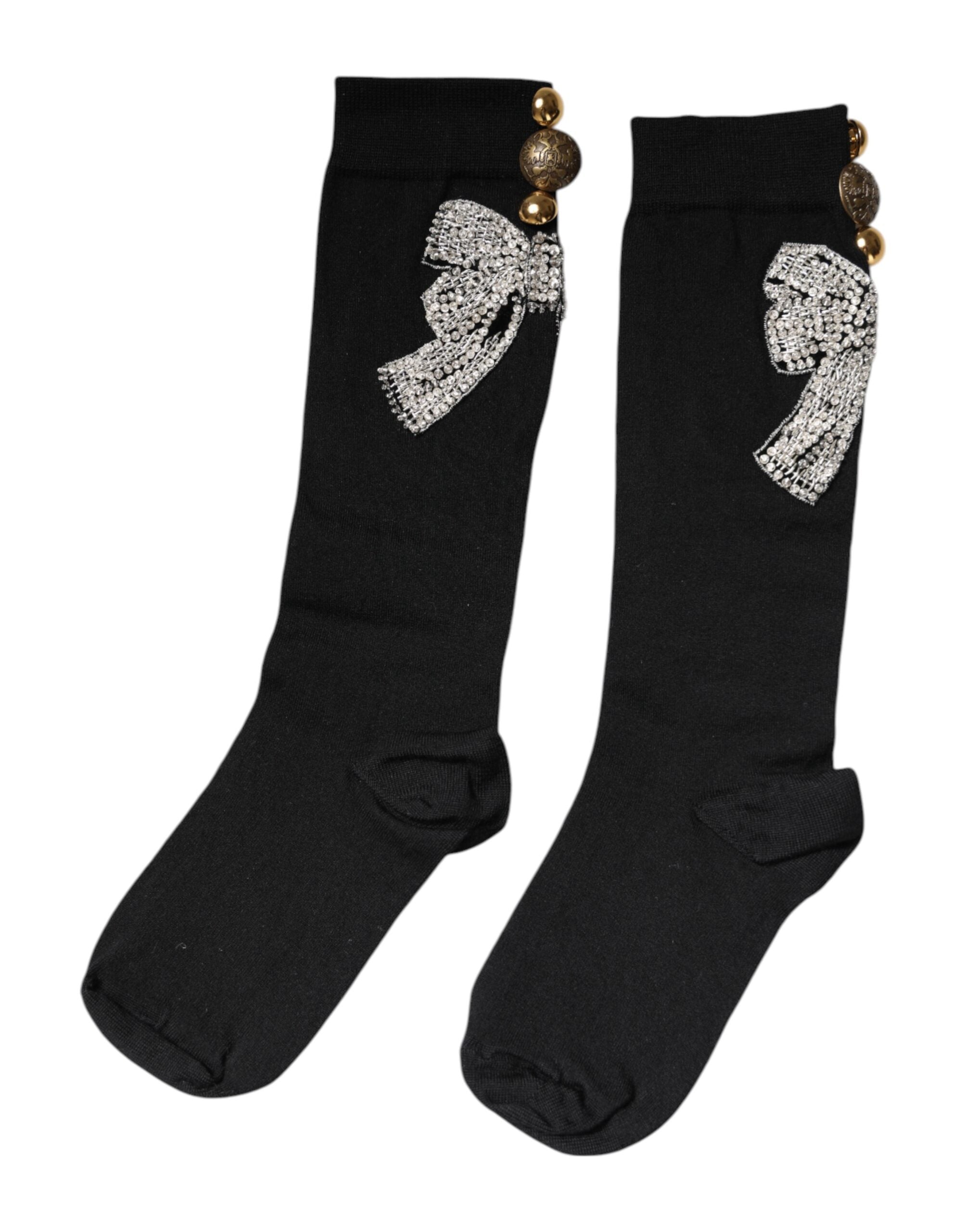 Dolce & Gabbana Black Knit Floral Crystal Embellishment Socks