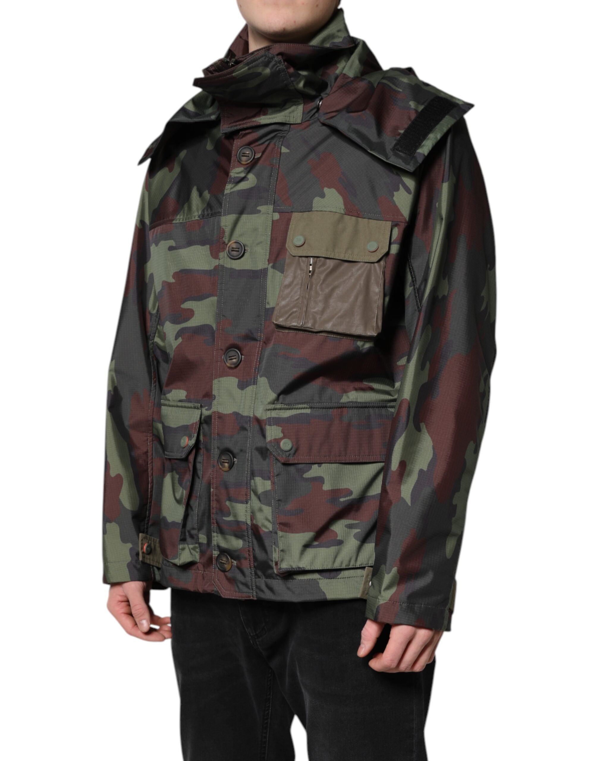 Dolce & Gabbana Multicolor Camouflage Button Hooded Jacket