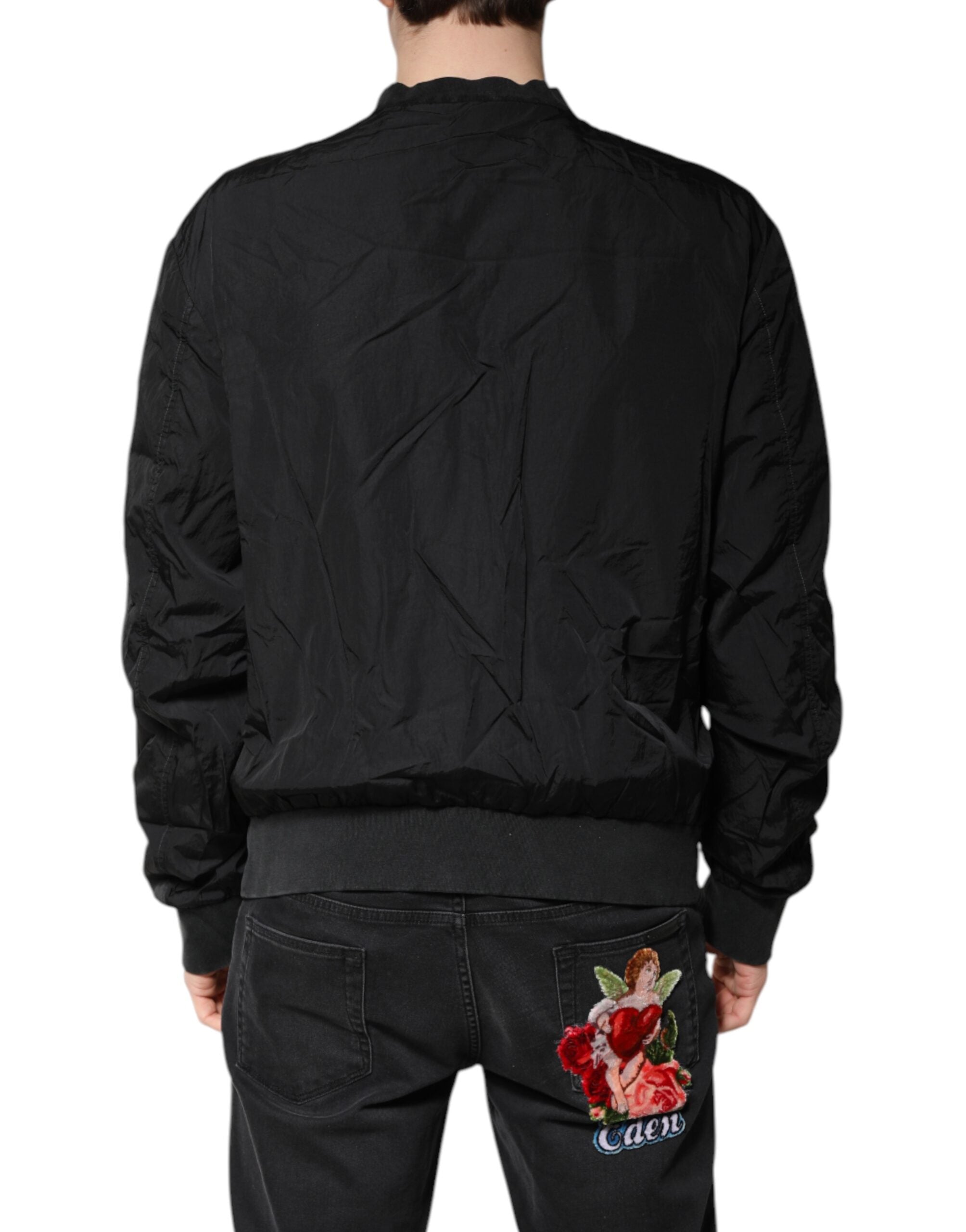 Dolce & Gabbana Black Nylon Logo Full Zip Bomber Jacket
