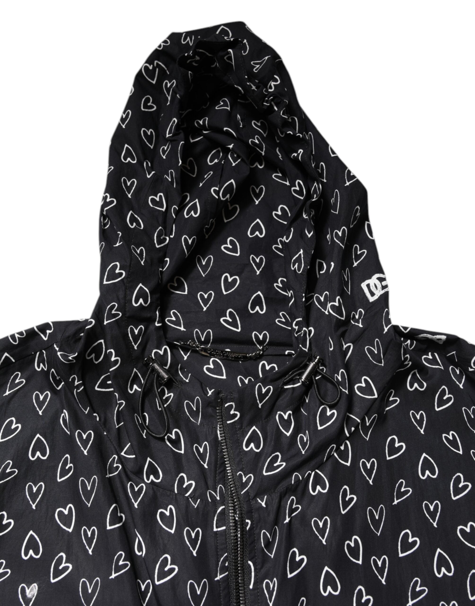 Dolce & Gabbana Black Heart Print Hooded Windbreaker Jacket