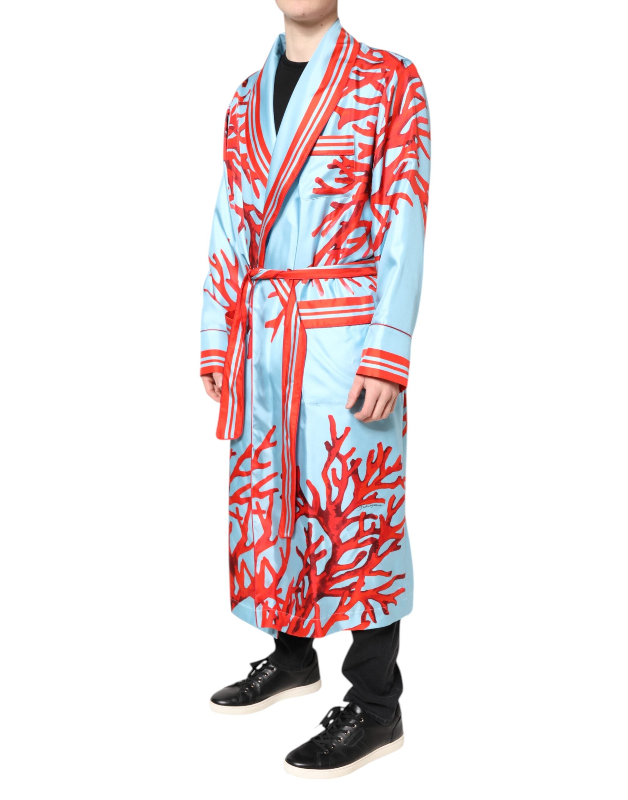 Dolce & Gabbana Blue Red Coral Print Wrap Robe Coat Jacket