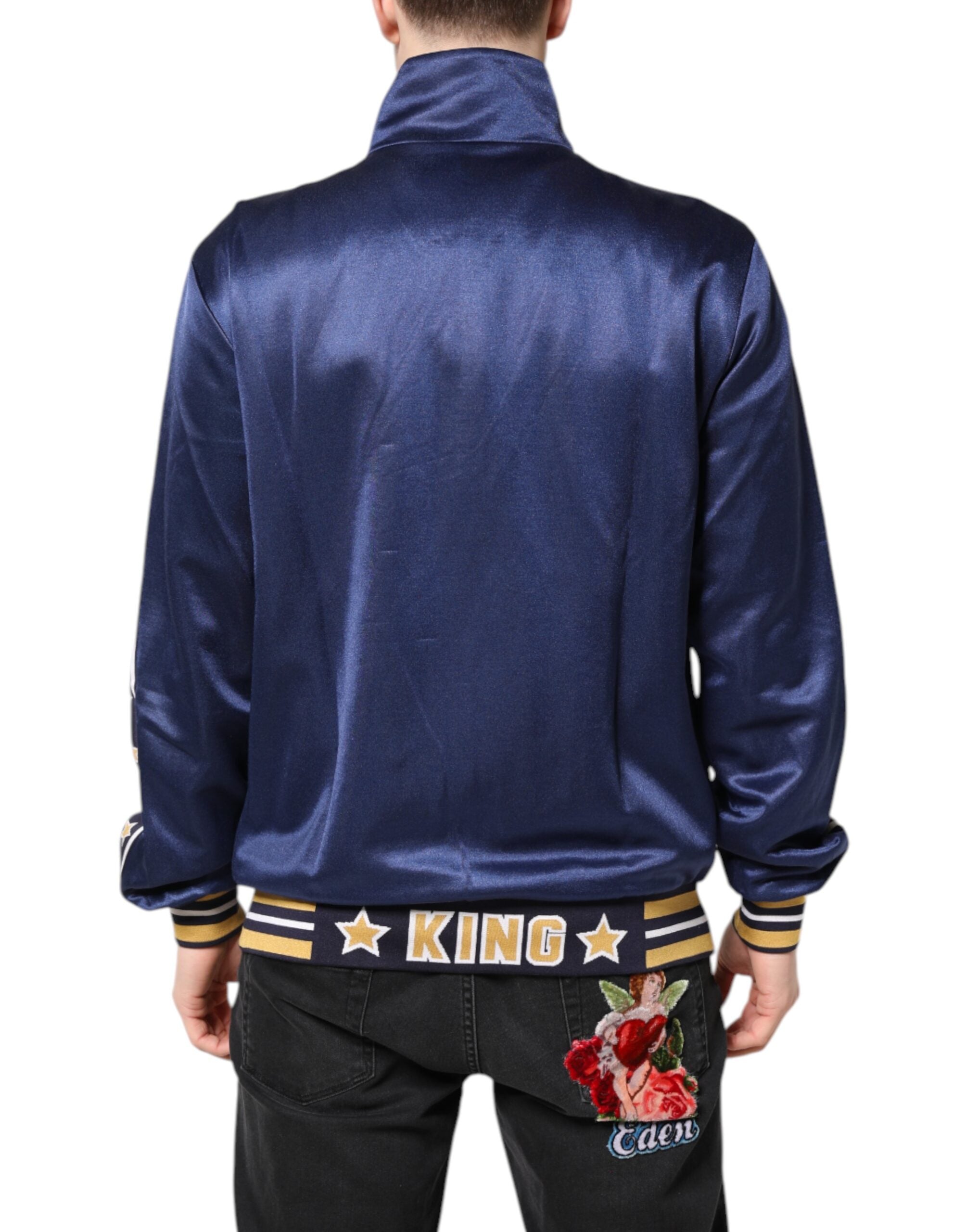 Dolce & Gabbana Blue Nylon Logo Patch Men Bomber Sweater