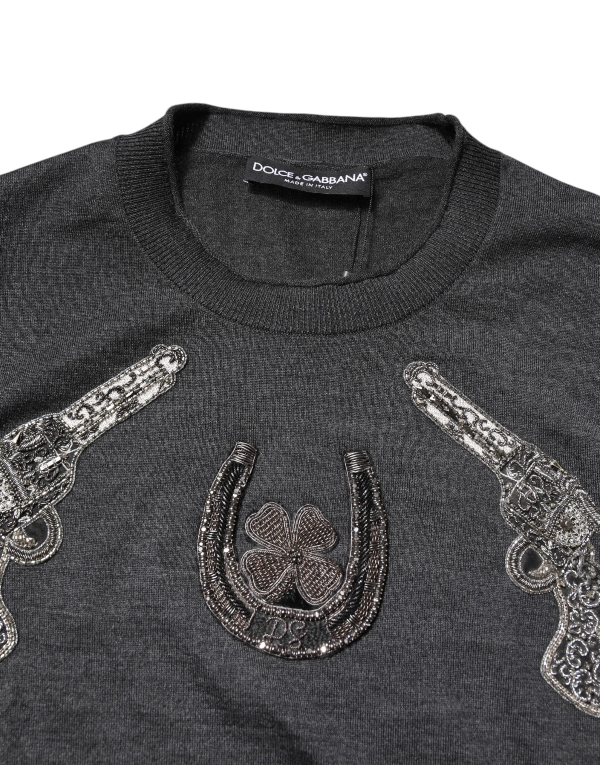 Dolce & Gabbana Gray Embroidery Knit Men Pullover Sweater