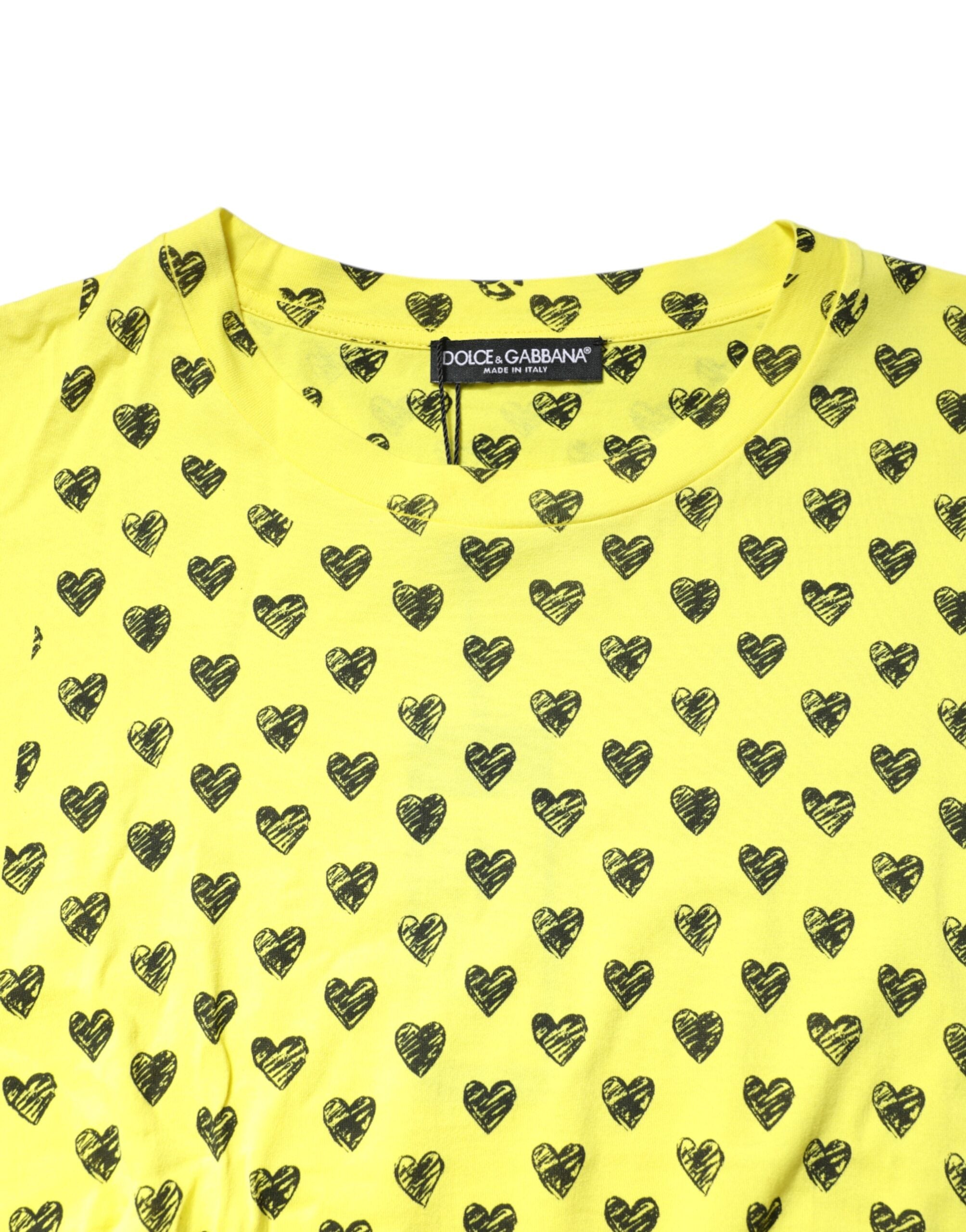 Dolce & Gabbana Yellow Cotton DG Heart Print Crew Neck T-shirt