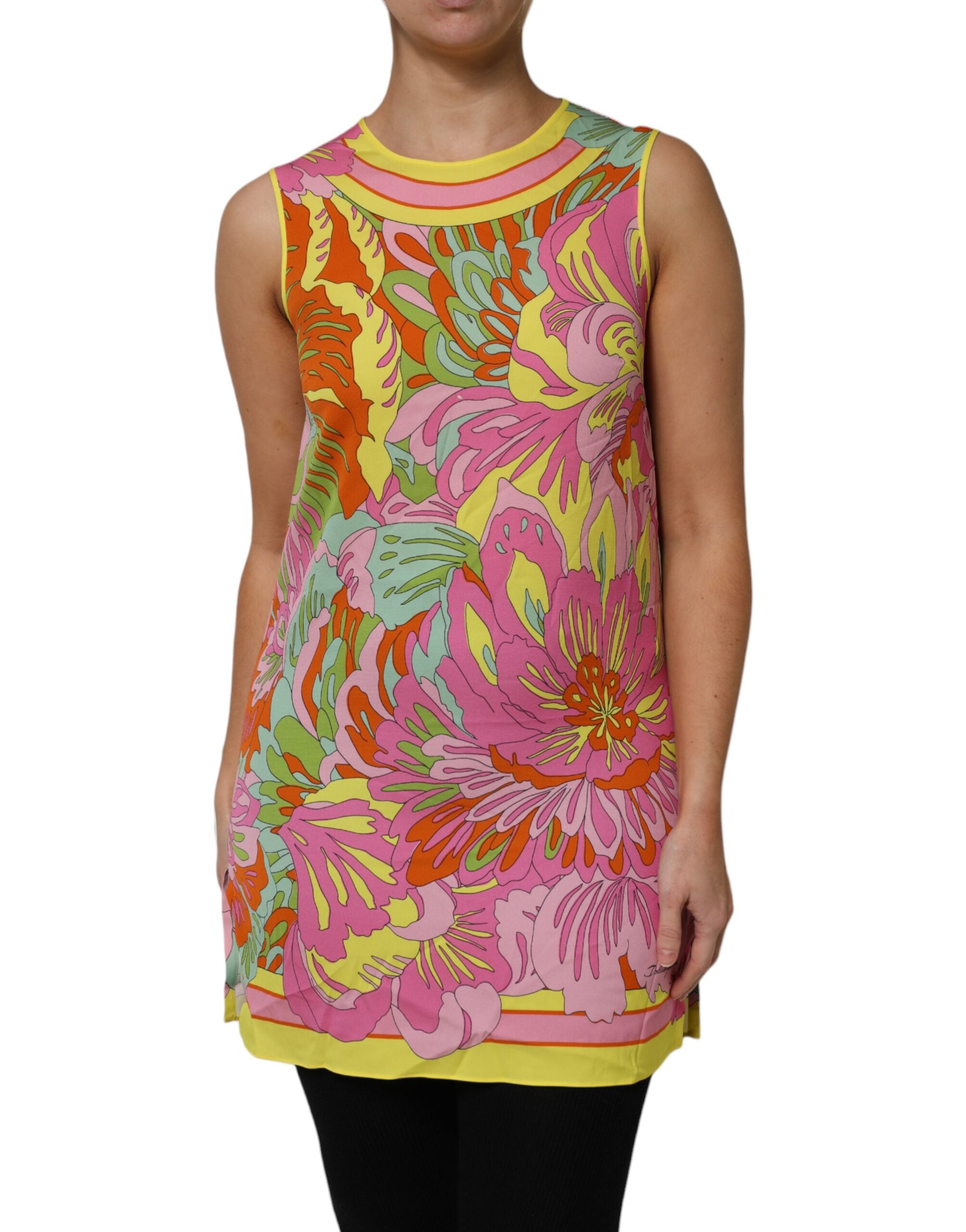 Discover the Dolce & Gabbana Multicolor Floral Roundneck Sleeveless Top, a masterpiece of silk and elastane that embodies exquisite Italian craftsmanship and haute couture elegance.