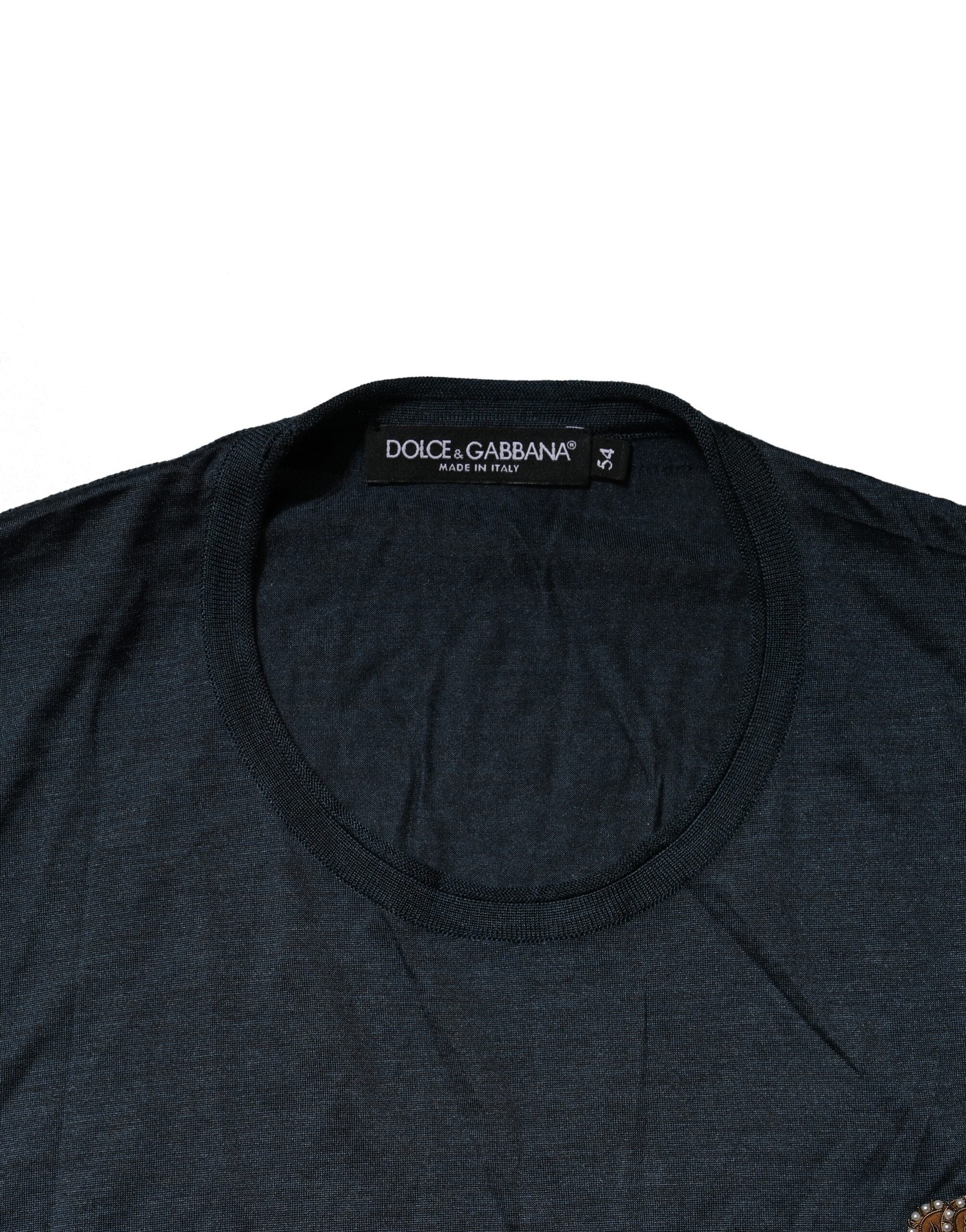 Dolce & Gabbana Dark Blue Silk Logo Patch Crew Neck T-shirt