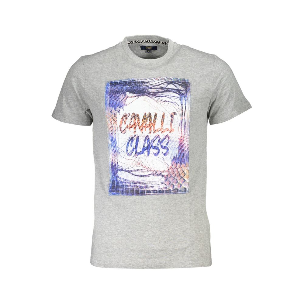 Elevate your wardrobe with the Cavalli Class Grigio Cotton Men T-Shirt, a masterpiece of 100% pure cotton that embodies timeless elegance and sophisticated style.