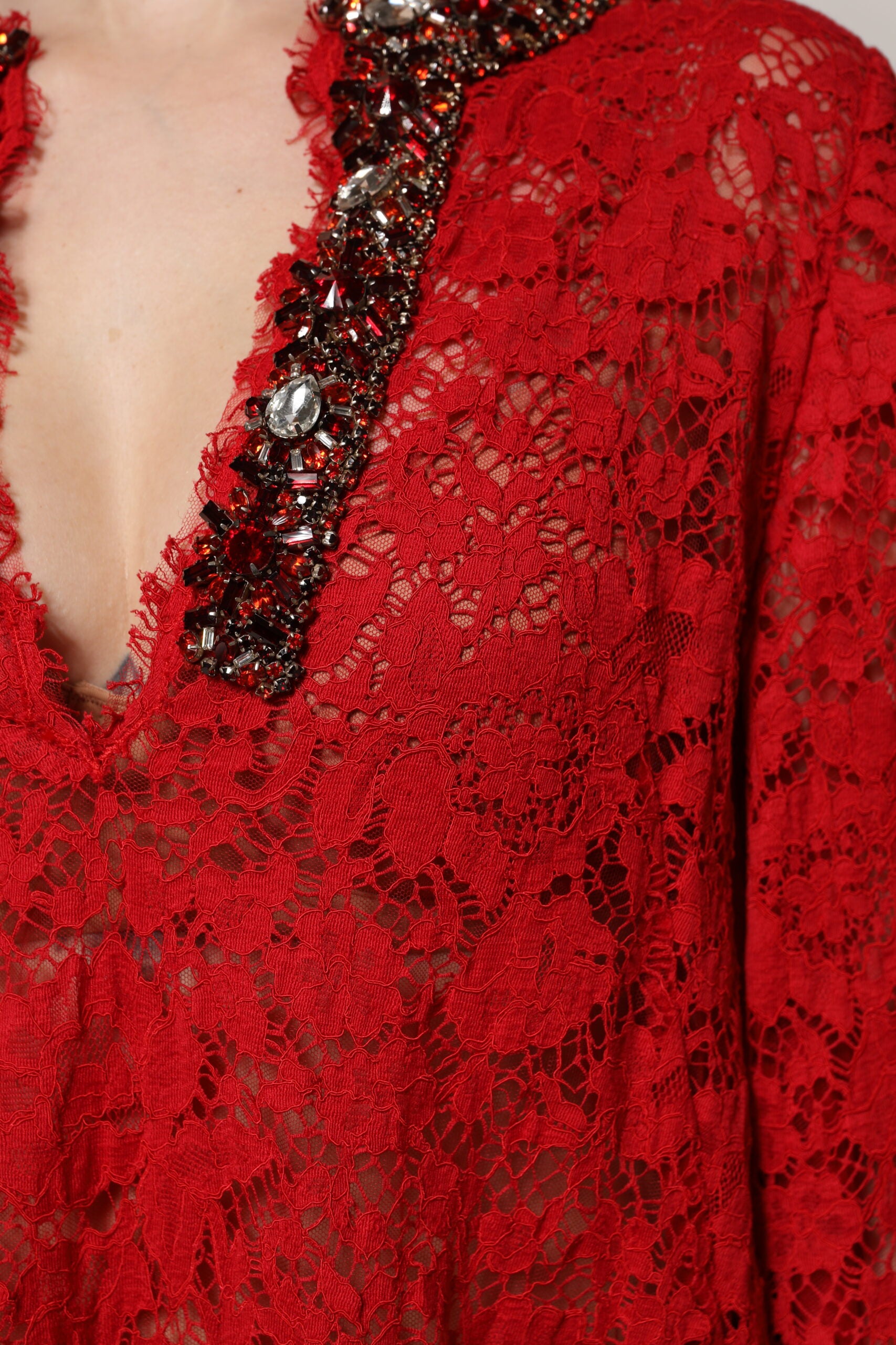 Dolce & Gabbana Red Floral Lace Rhinestone Embellished Dress