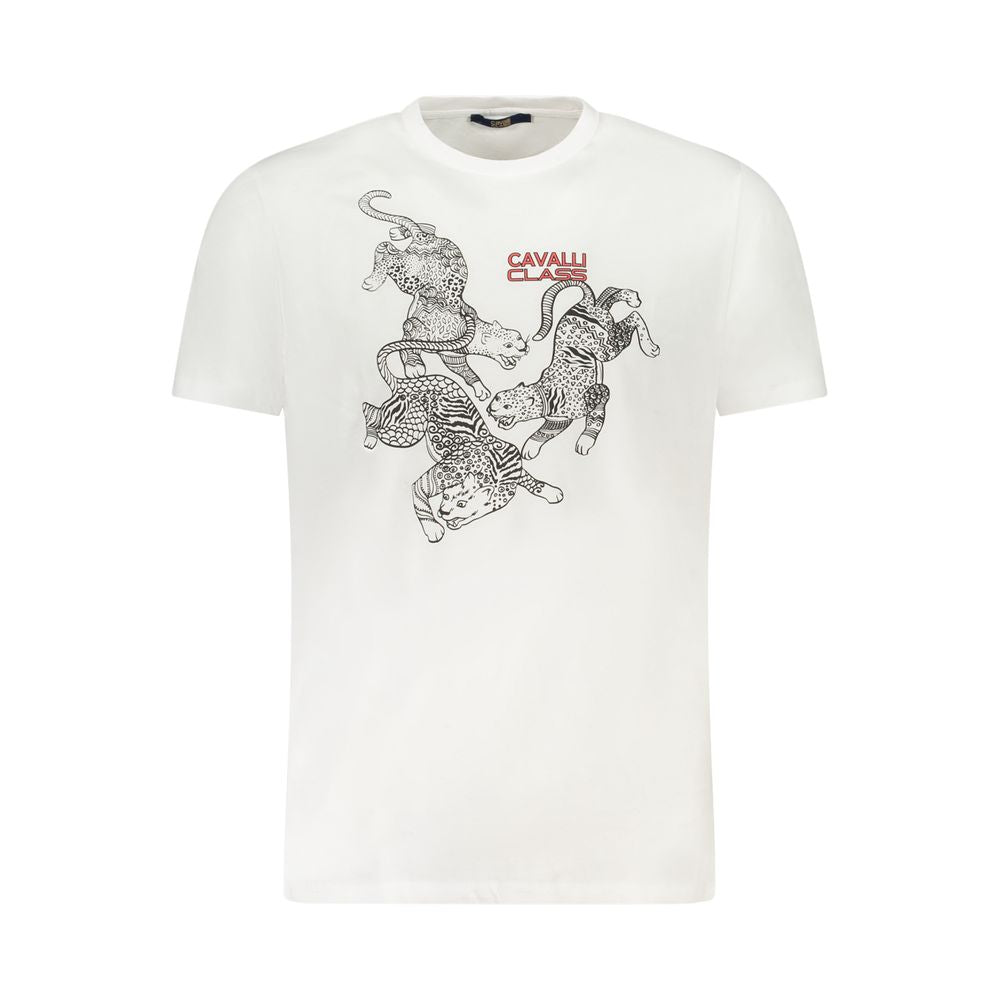 Elevate your wardrobe with the Cavalli Class White Cotton Men T-Shirt, a masterpiece of tailored elegance, crafted for those who embody luxury and sophistication.