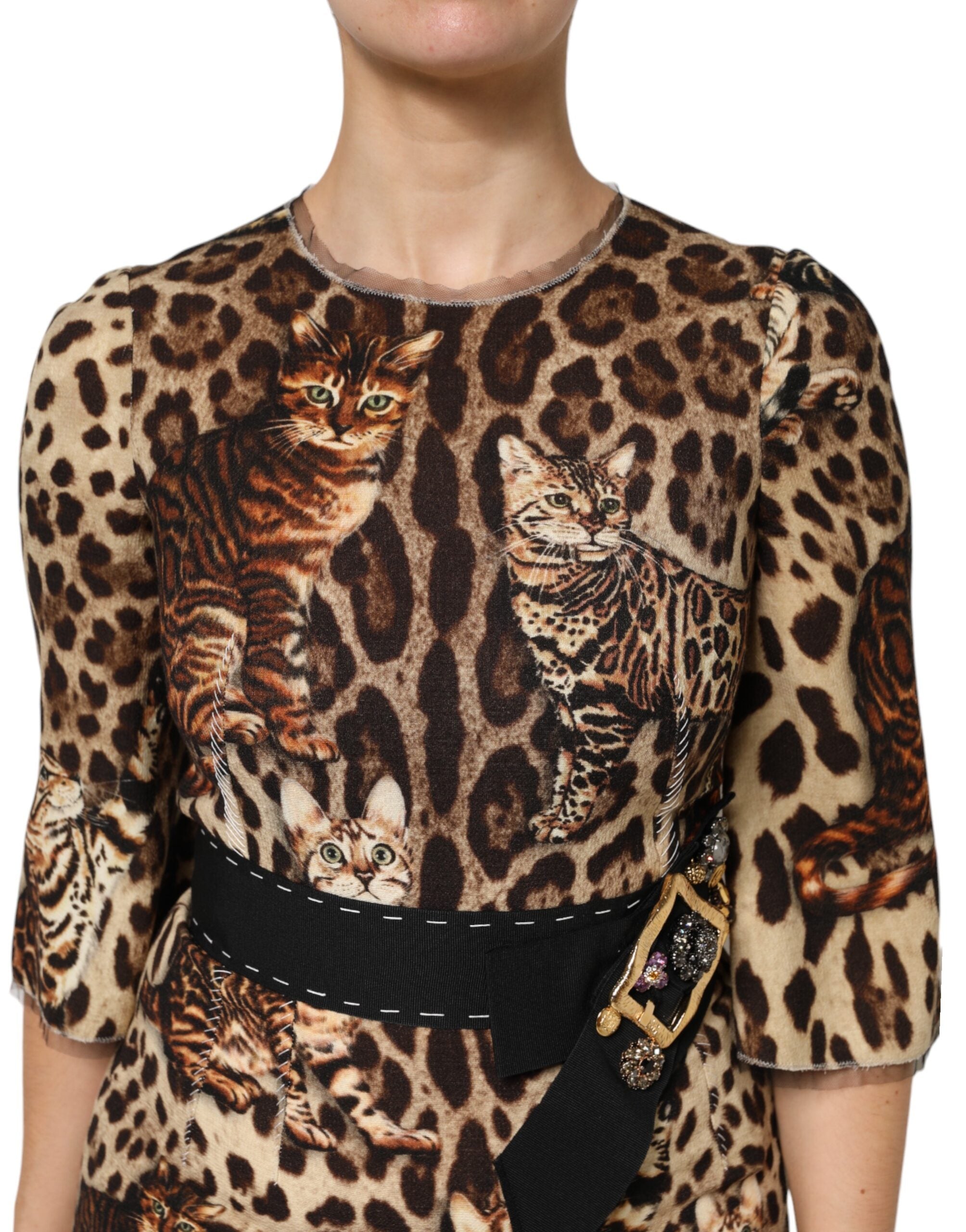 Dolce & Gabbana Brown Leopard Print Belted A-line Midi Dress