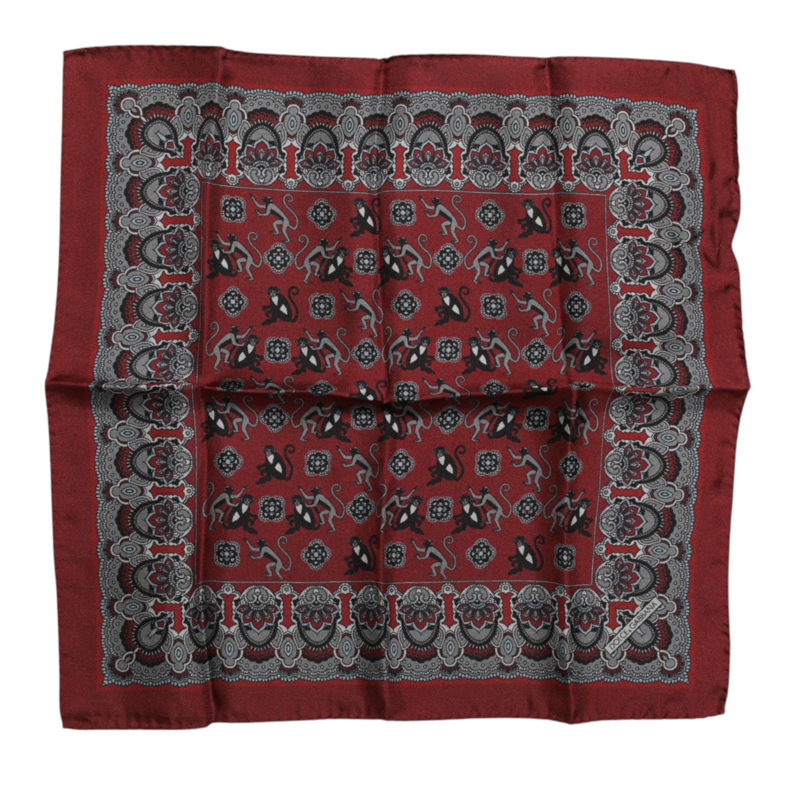 Dolce & Gabbana Maroon Monkey Print Silk Square Foulard Scarf