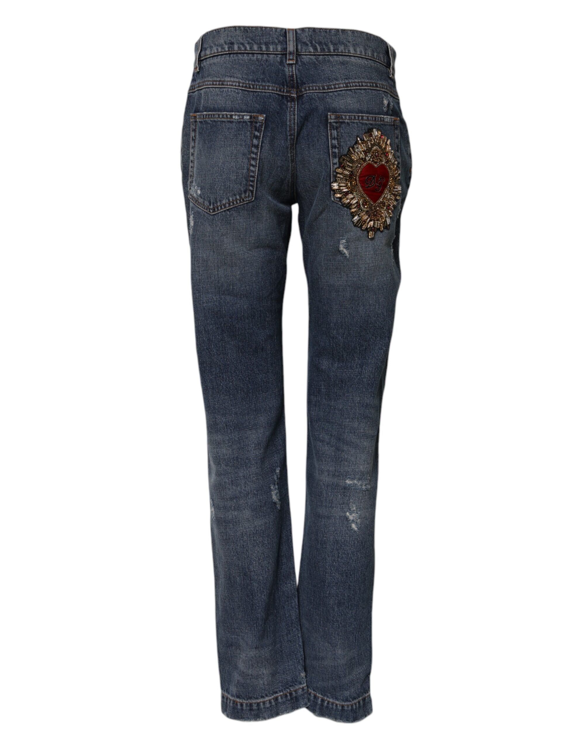 Dolce & Gabbana Blue Cotton Tattered Boyfriend Denim Jeans
