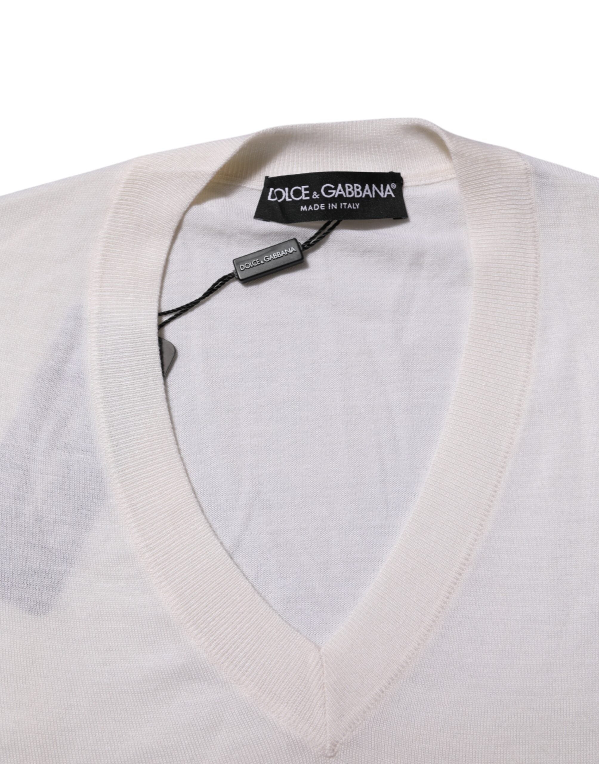 Dolce & Gabbana White Cashmere Logo V-neck Pullover Sweater