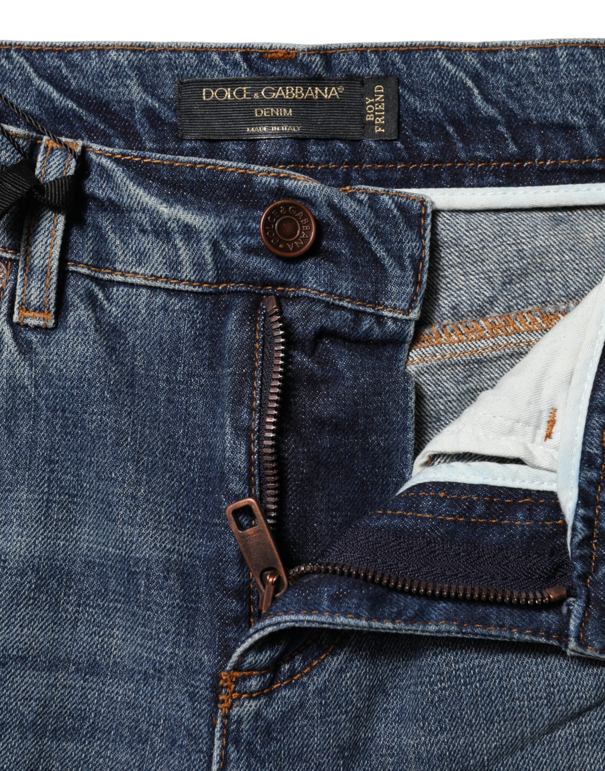 Dolce & Gabbana Blue Cotton Tattered Mid Waist Denim Jeans