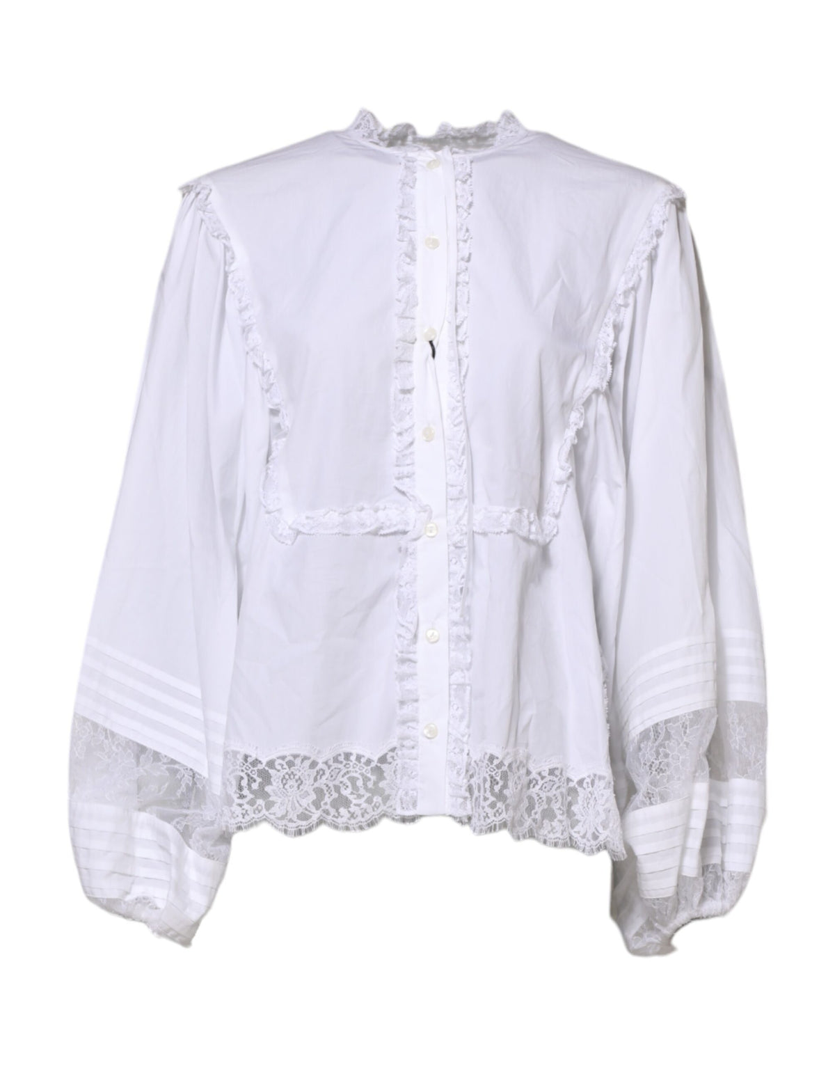 Indulge in the exquisite Dolce & Gabbana White Ruffled Lace Embellished Blouse Top, where Italian craftsmanship meets luxurious elegance, perfect for every sophisticated occasion.