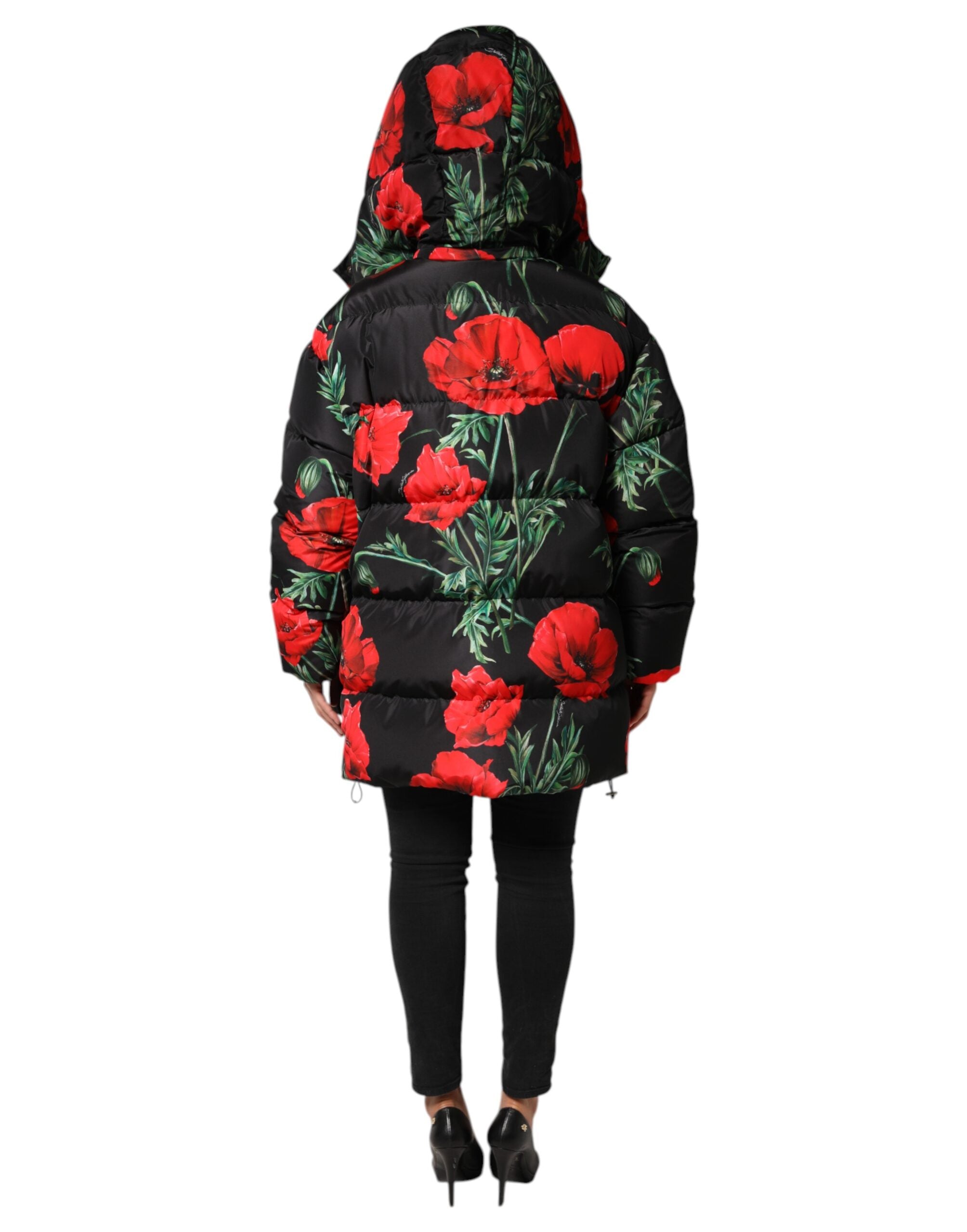 Dolce & Gabbana Black Floral Polyester Hooded Quilted Jacket