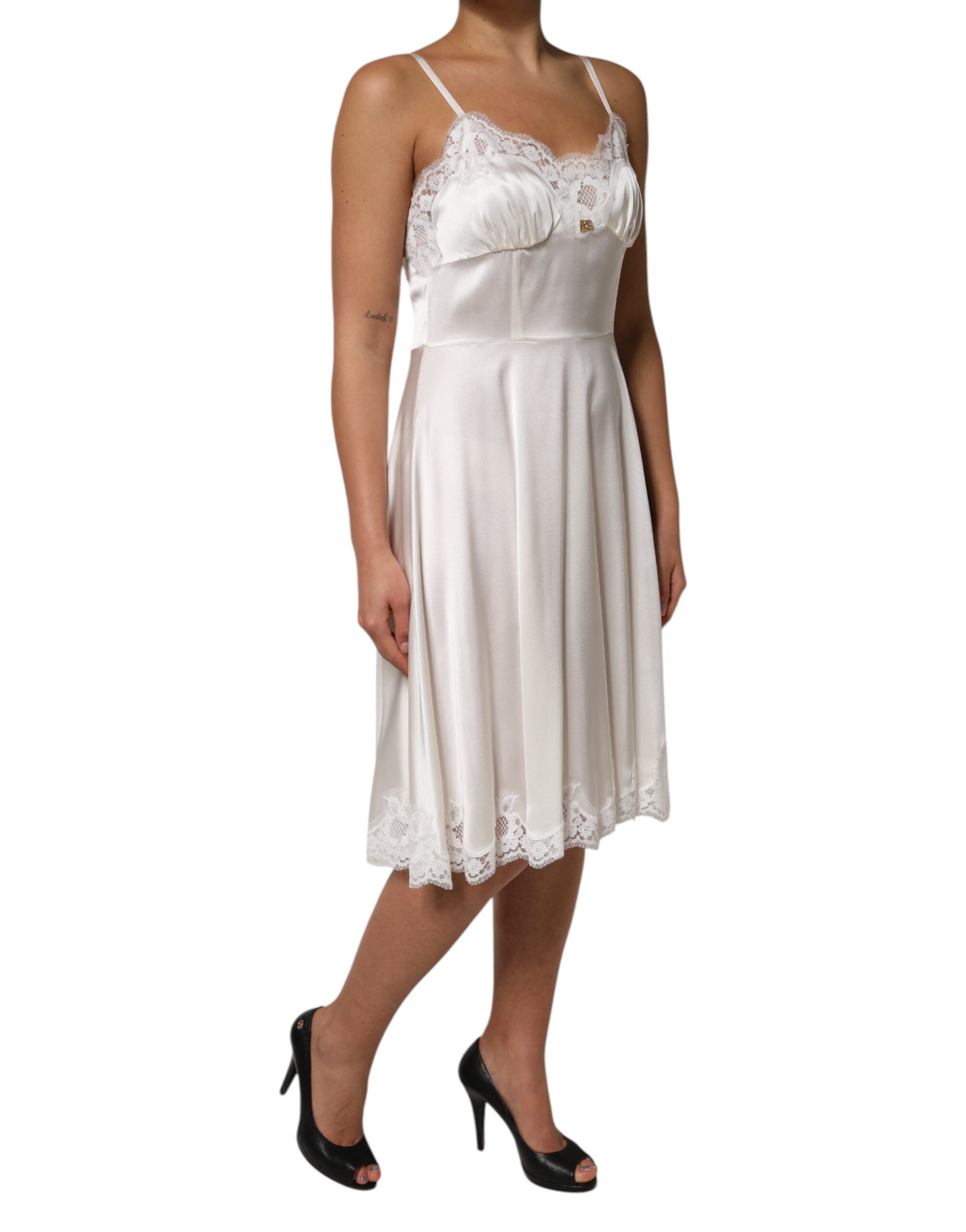 Dolce & Gabbana White Lace DG Logo Silk Dress Sleepwear