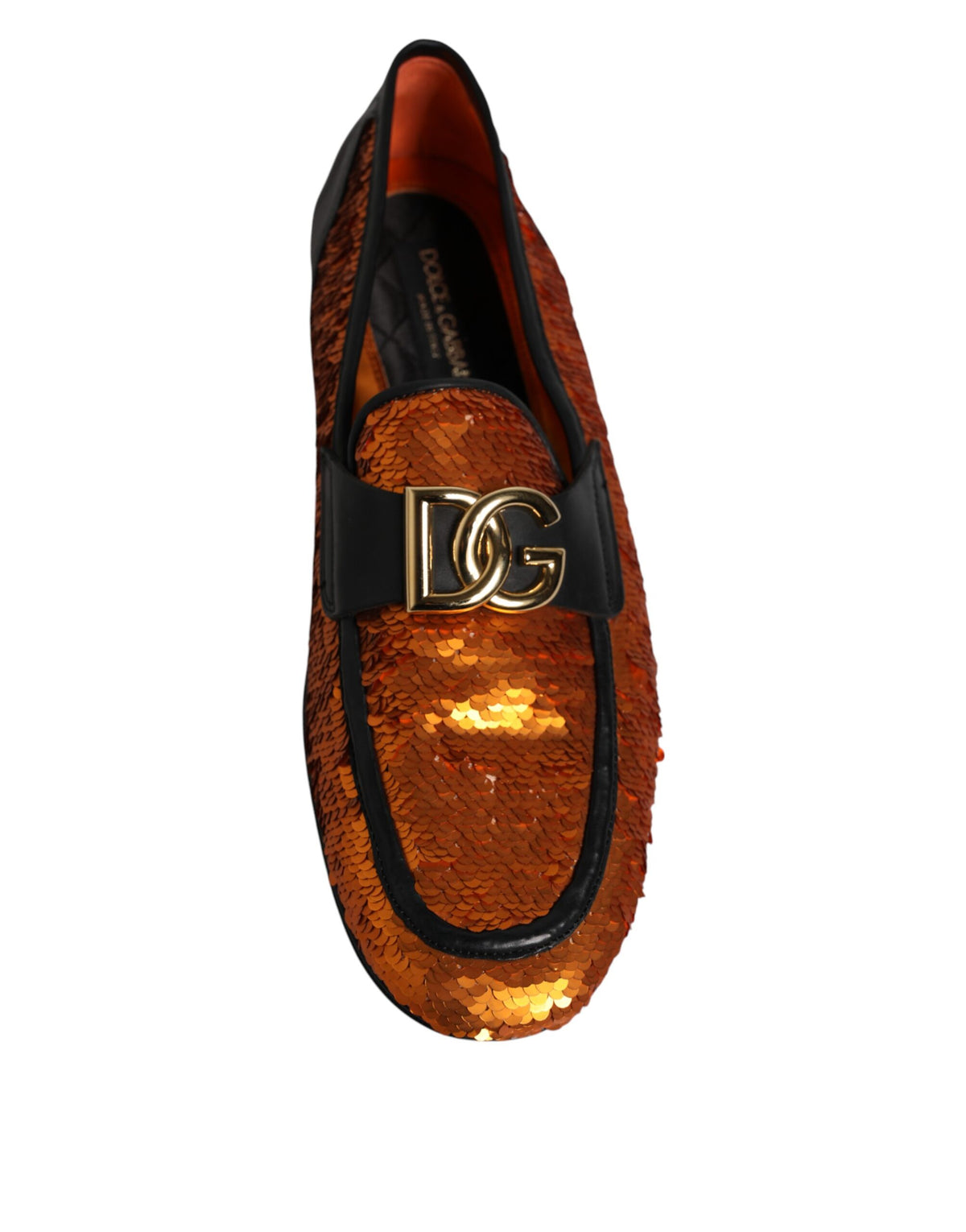 Elevate your style with Dolce & Gabbana's Orange Sequin Embellished Loafers, where exquisite craftsmanship meets luxurious materials for a statement of refined elegance.