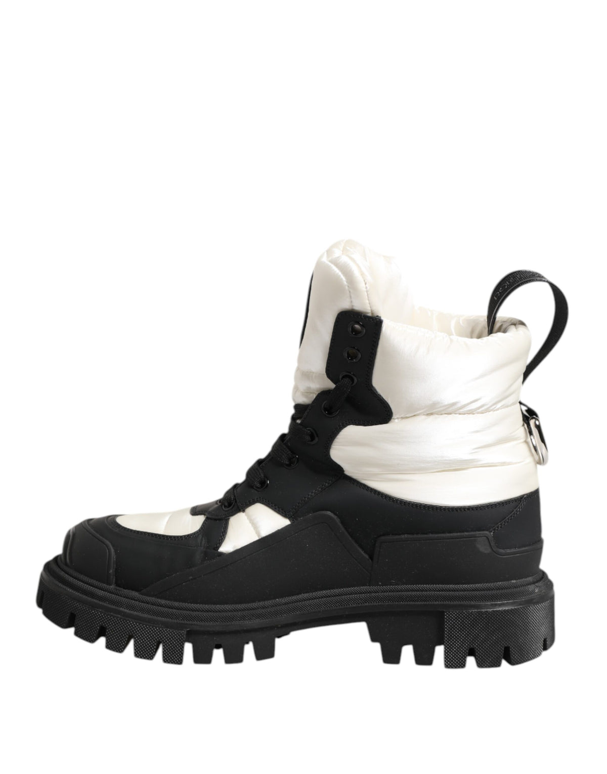 Experience the allure of Dolce & Gabbana's Black White Padded Lace Up Short Boots, where exquisite craftsmanship meets timeless elegance for the discerning individual.