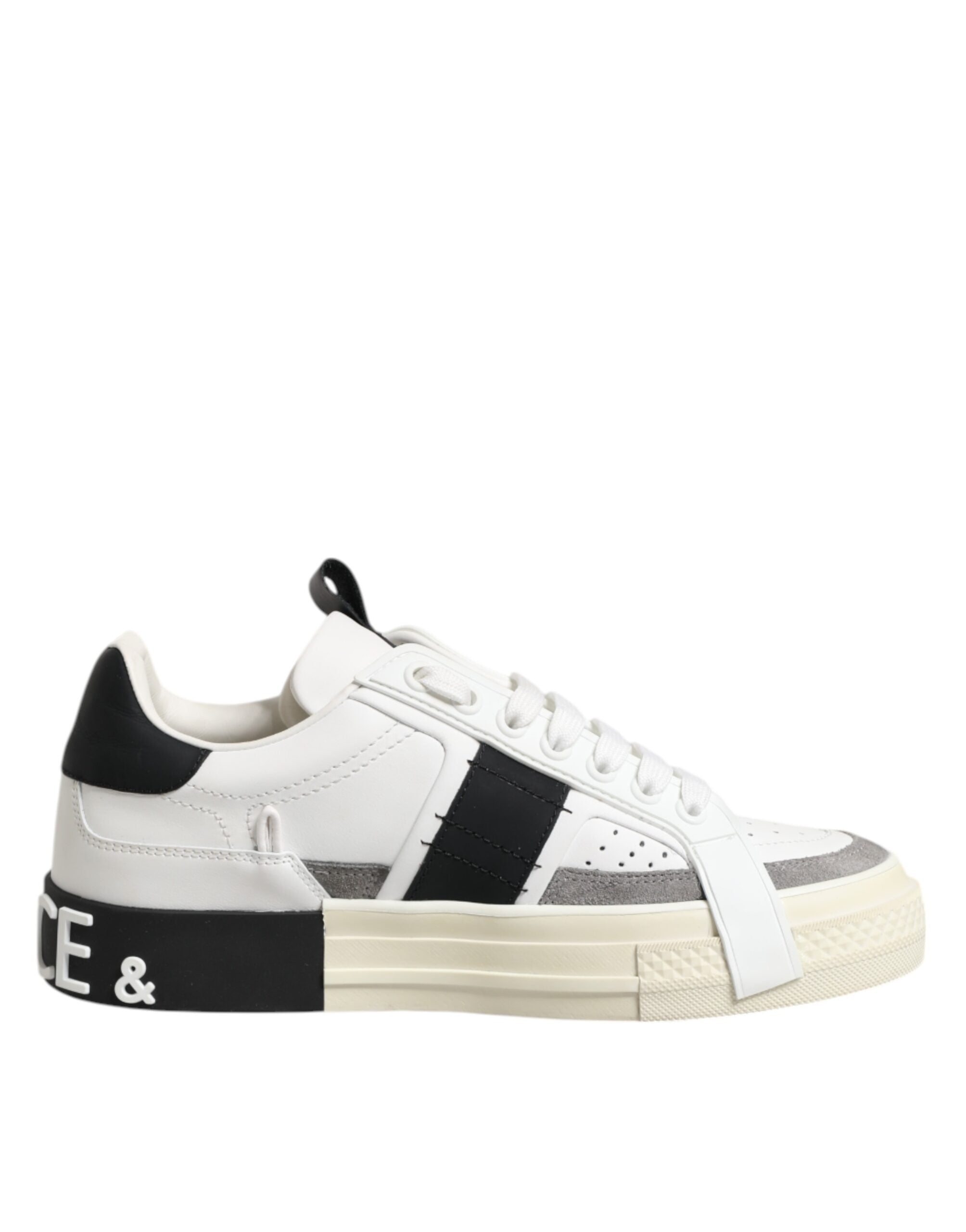 Dolce & Gabbana White Black Leather Low Top Sneakers Shoes
