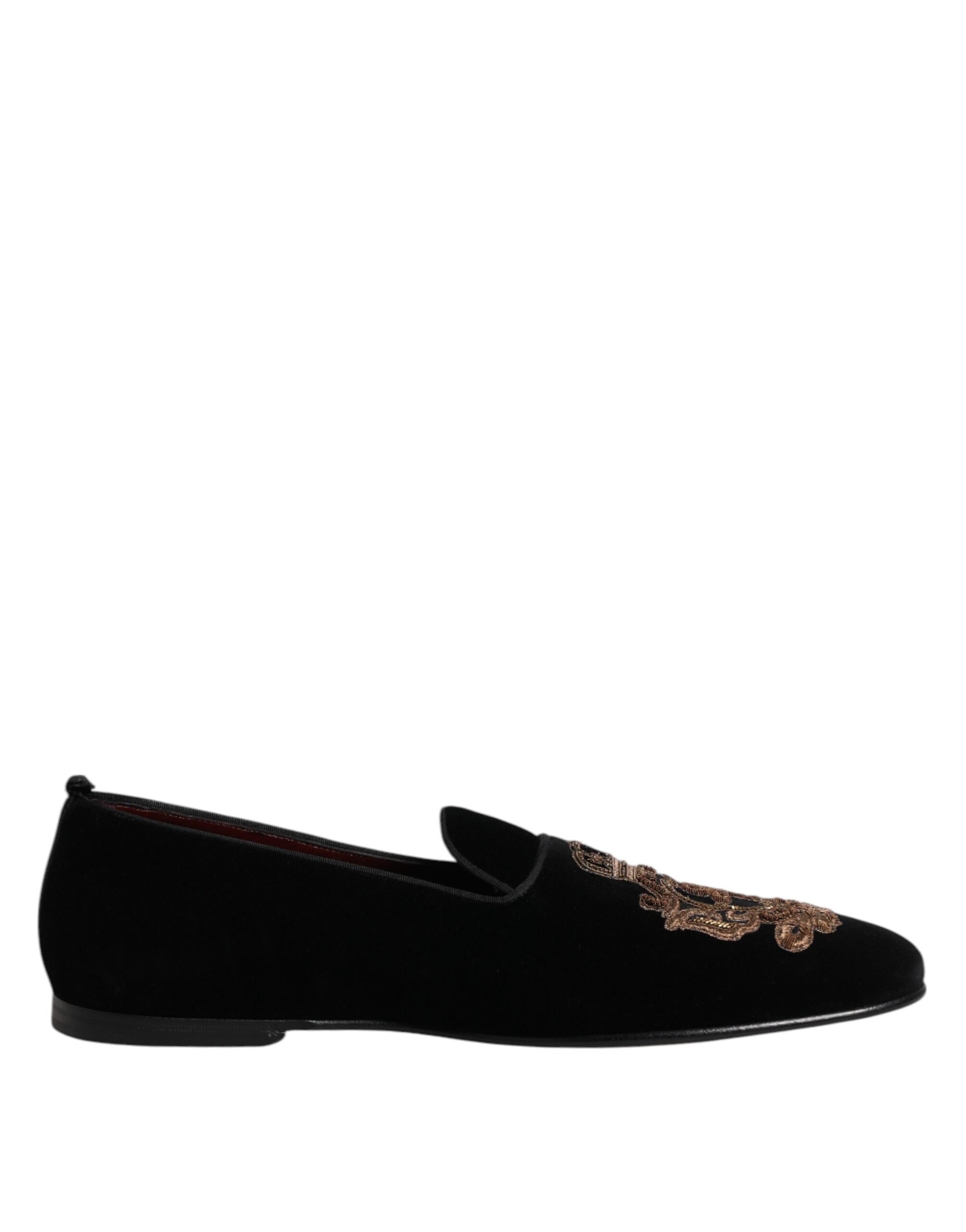 Indulge in the exquisite elegance of Dolce & Gabbana Black Velvet Gold Crown Mens Loafers, where Italian craftsmanship meets luxurious comfort, perfect for the discerning connoisseur.