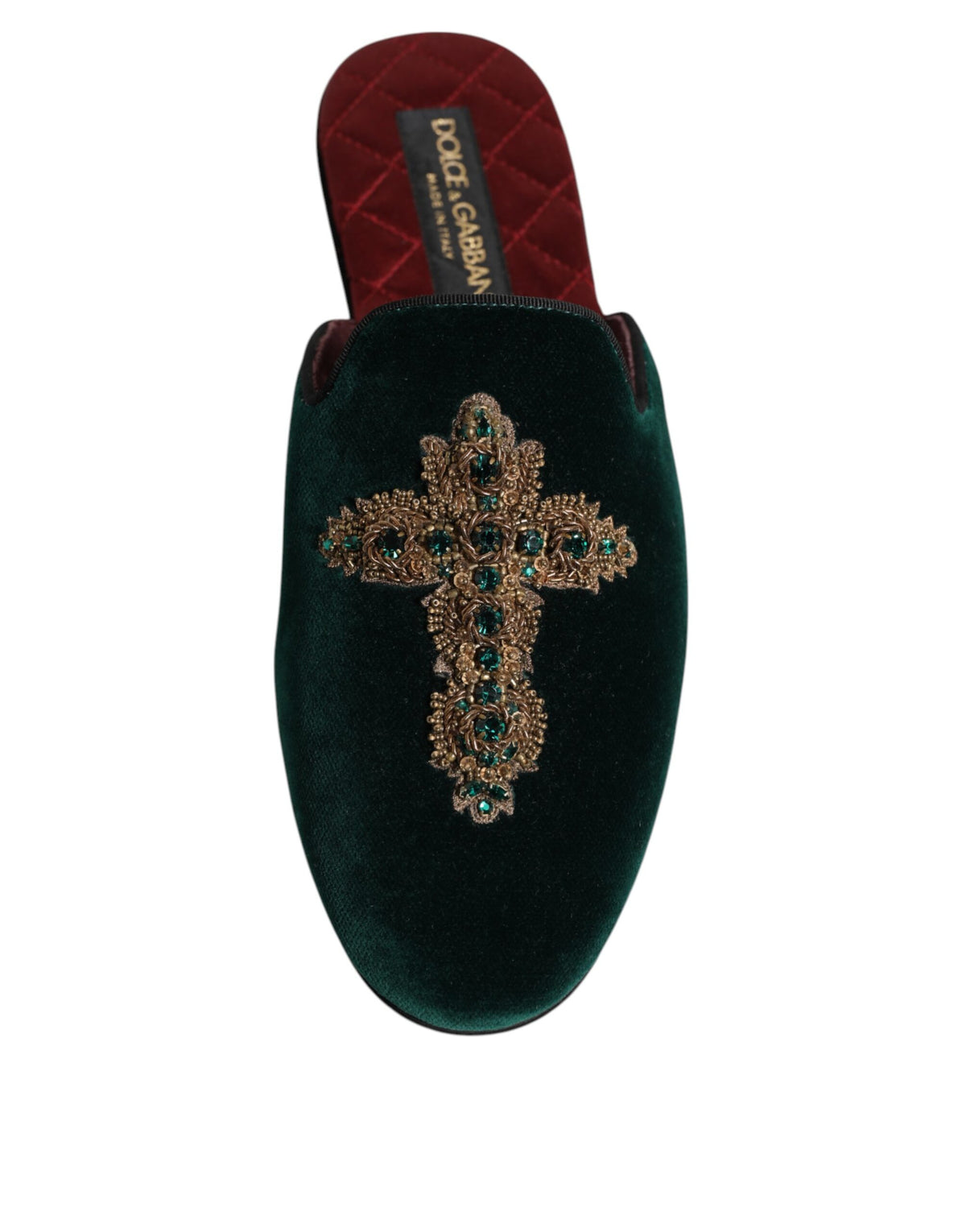 Experience the allure of Dolce & Gabbana's Green Velvet Cross Embellished Slippers, where exquisite craftsmanship meets luxurious materials for an elevated fashion statement.