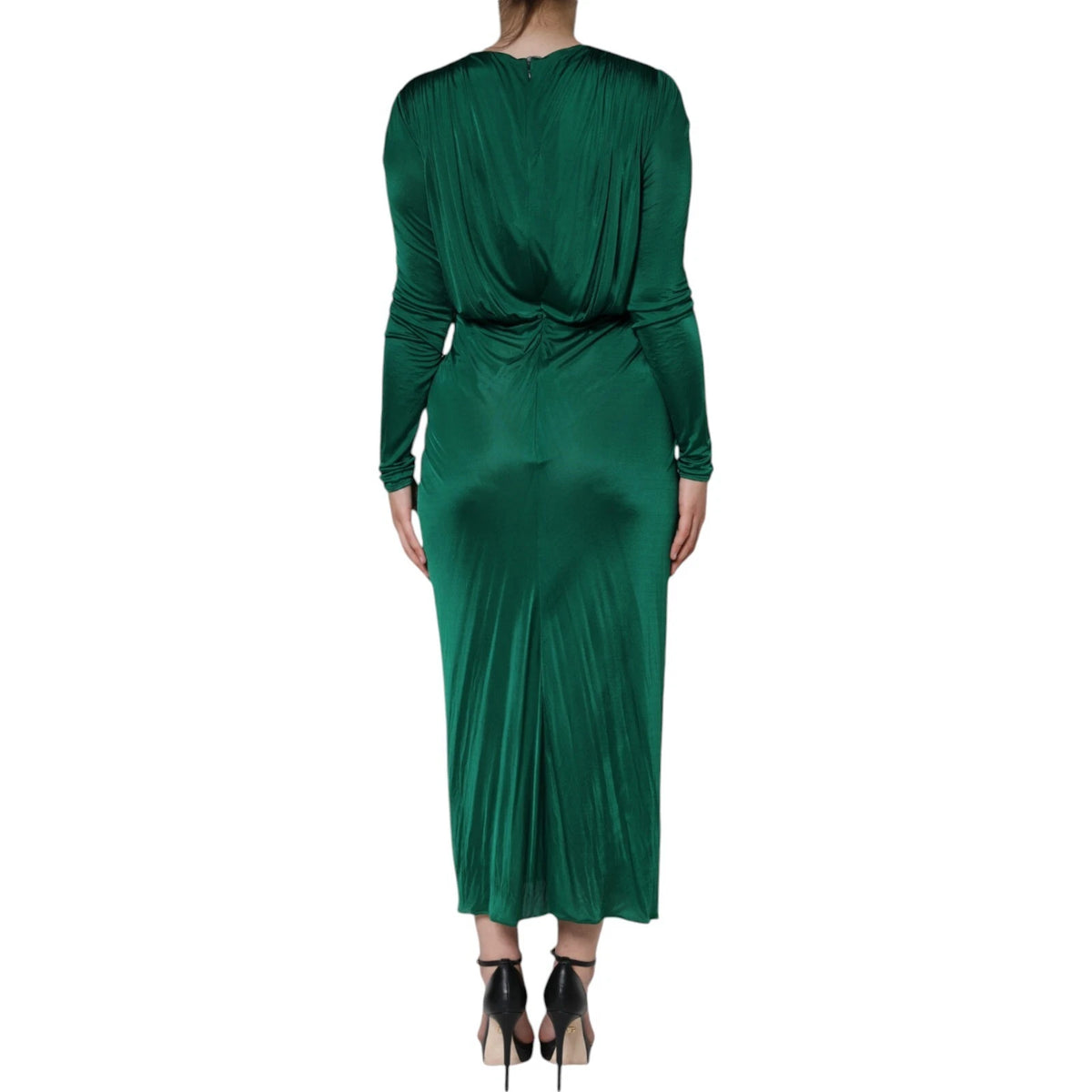 Elevate your wardrobe with the Dolce & Gabbana Dark Green Viscose Long Sleeve Midi Dress, a masterpiece of Italian craftsmanship that embodies timeless elegance and sophisticated allure.