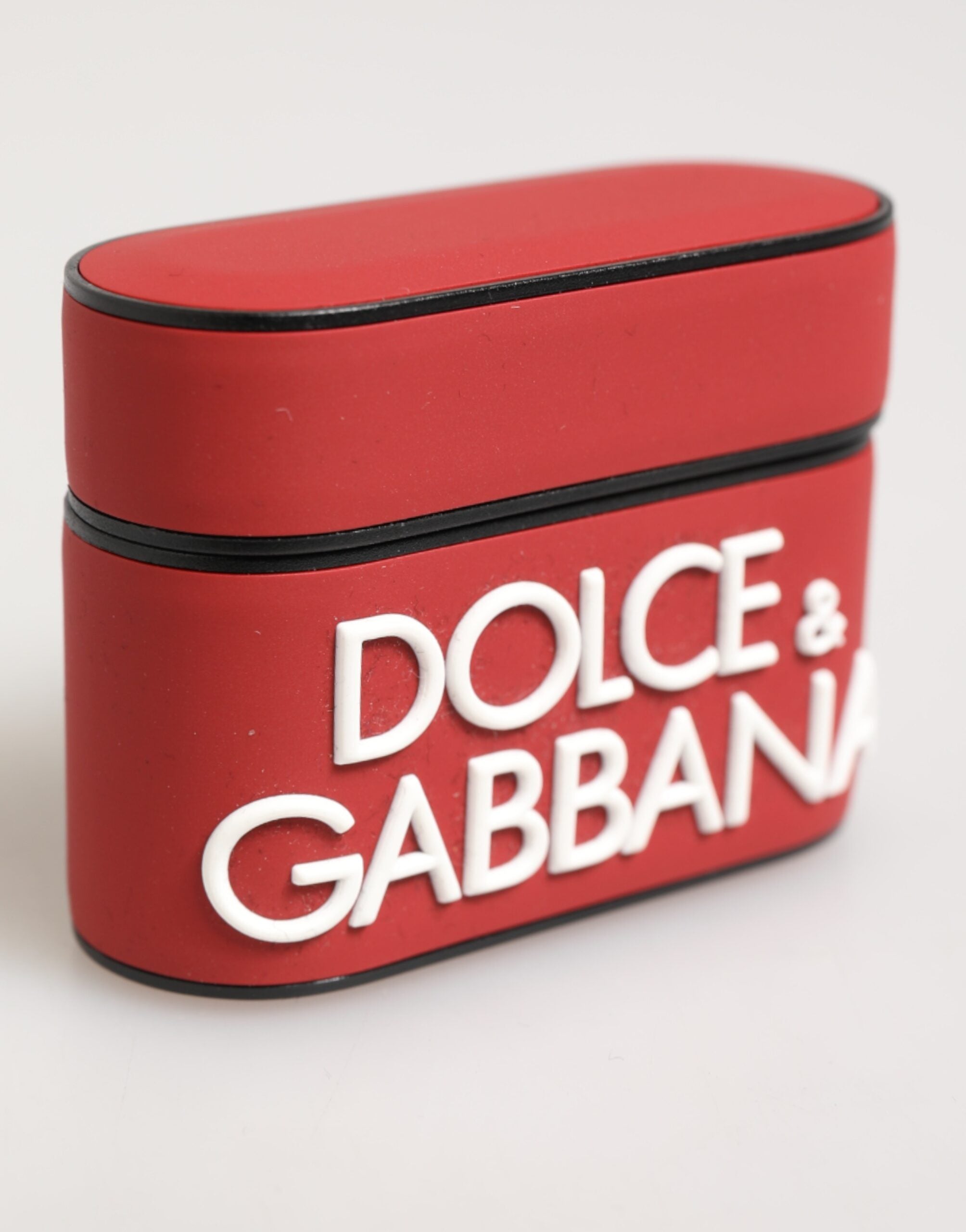 Custodia Airpods in silicone rosso e bianco con logo in rilievo di Dolce &amp; Gabbana