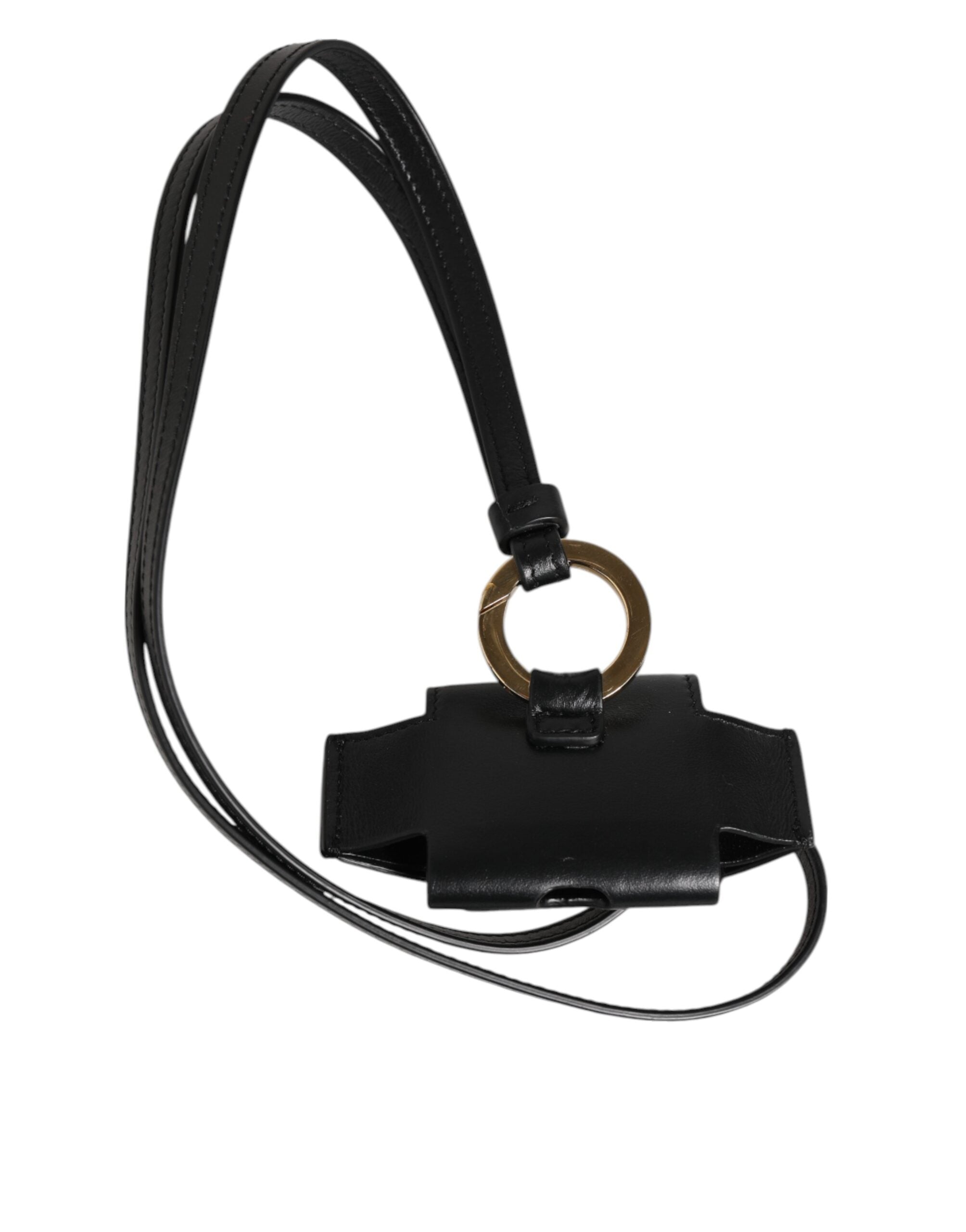 Dolce & Gabbana Black Leather Strap Gold Metal DG Logo Plaque Airpods Case