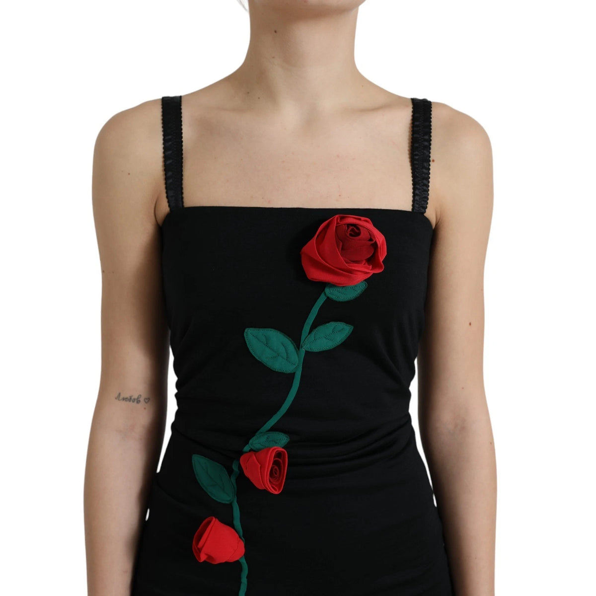 Elevate your elegance with the Dolce & Gabbana Black Wool Sleeveless Rose Applique Dress, a masterpiece of Italian craftsmanship that embodies timeless allure and sophistication.