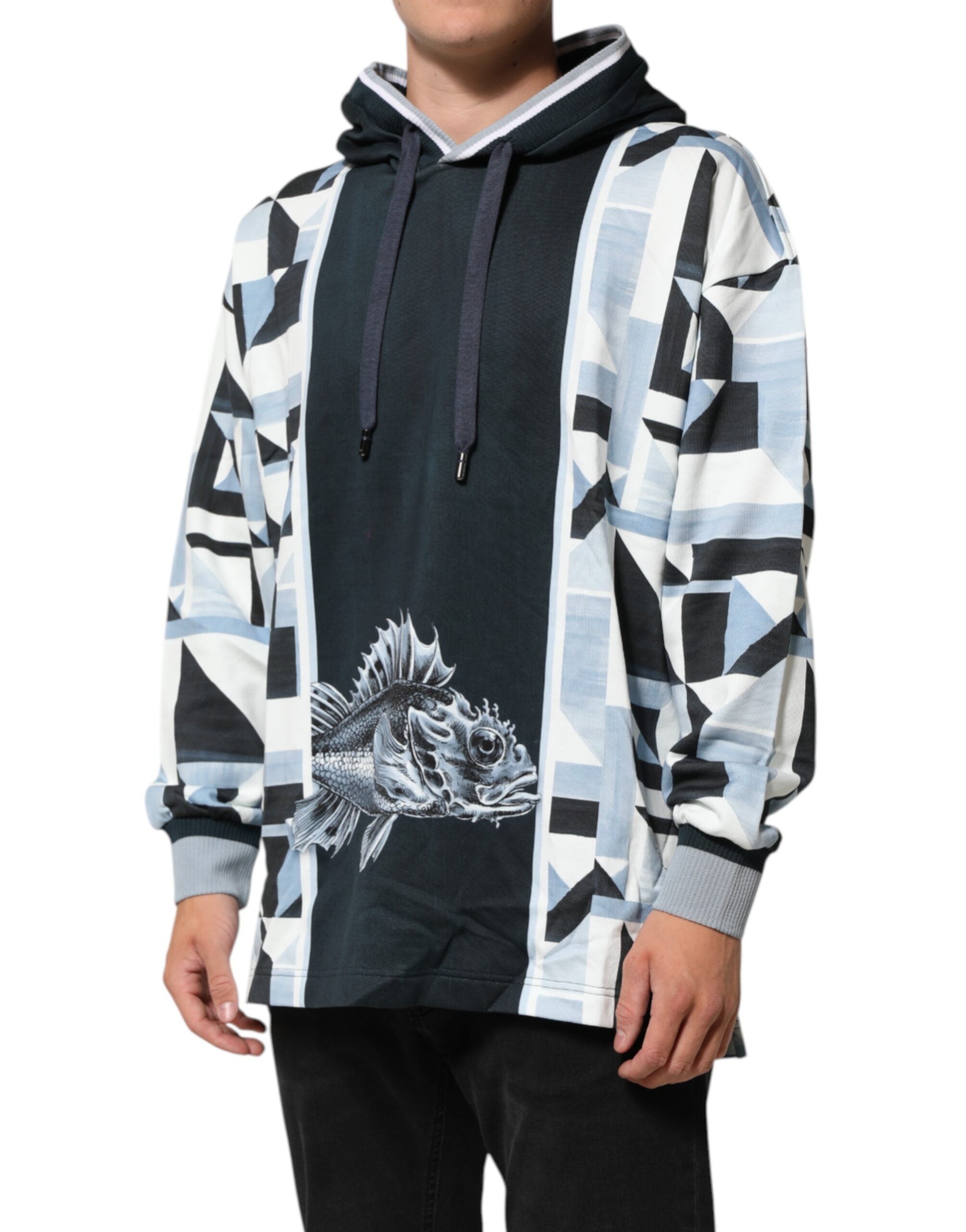 Dolce & Gabbana Blue Geometric Print Cotton Panel Pullover Hoodie Sweater