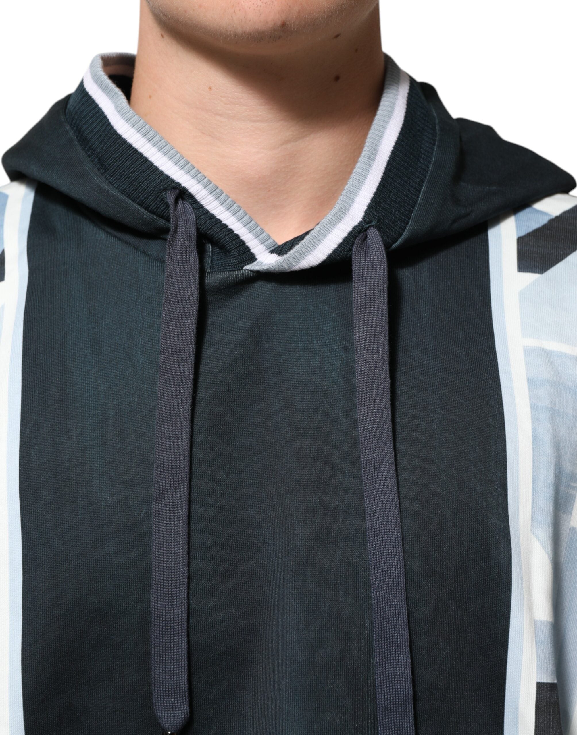 Dolce & Gabbana Blue Geometric Print Cotton Panel Pullover Hoodie Sweater