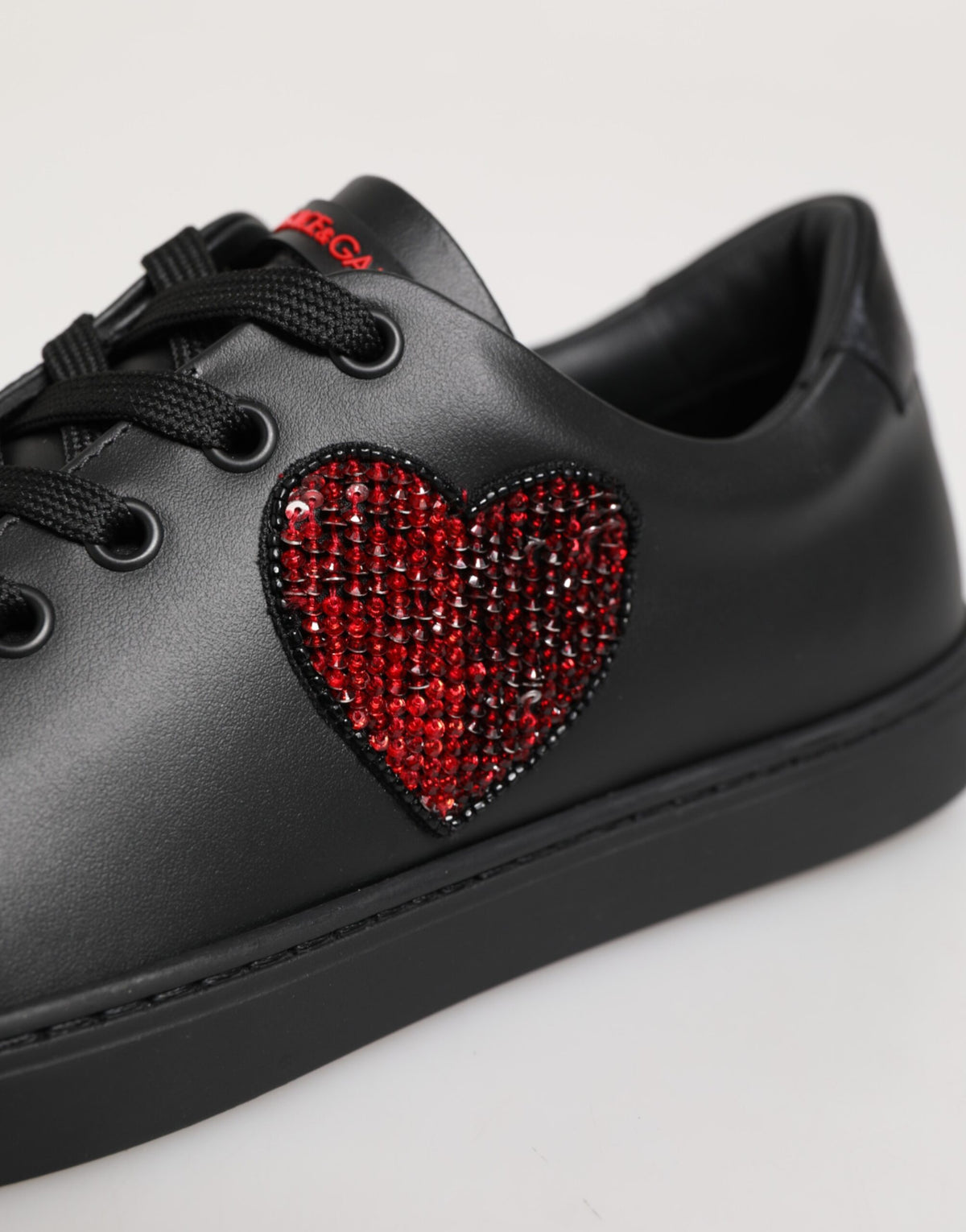 Dolce & Gabbana Black Leather Crystal Heart Low Top Sneakers
